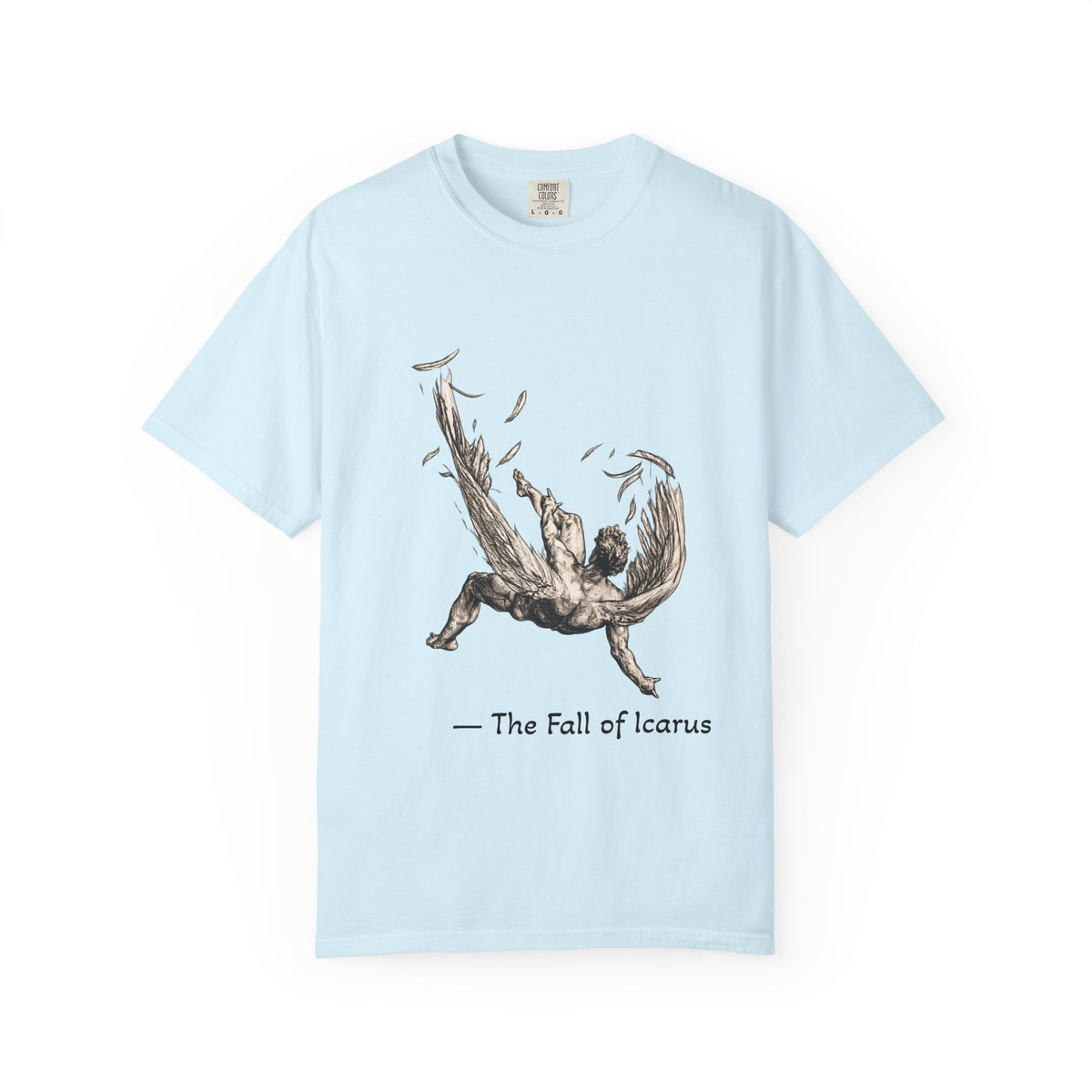 Fall of Icarus Greek mythology T-shirt with a falling winged figure on a garment-dyed unisex T-shirt, product view