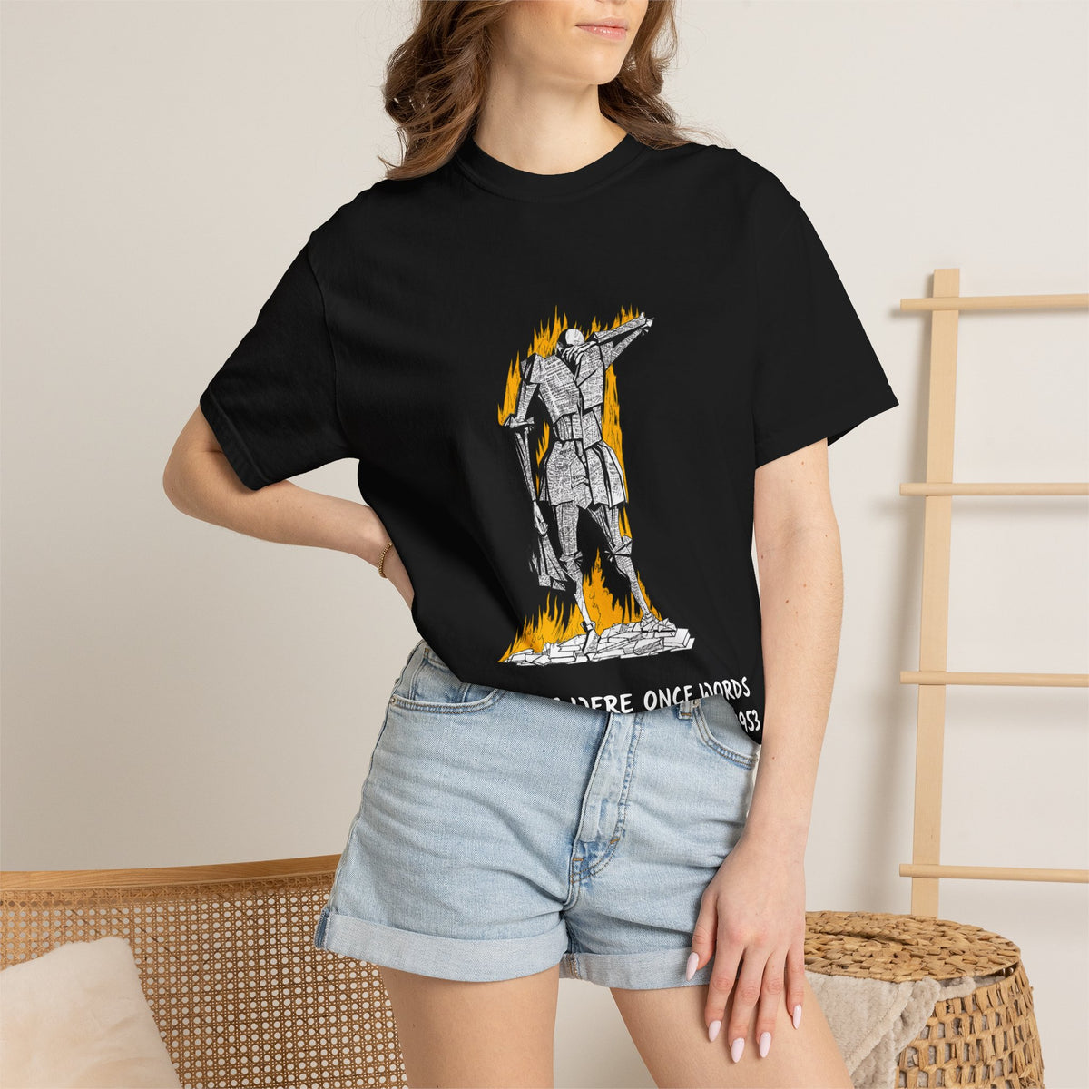 Fahrenheit 451 literary T-shirt with burning pages and “The Ashes Were Once Words” design on a garment-dyed unisex T-shirt, product view