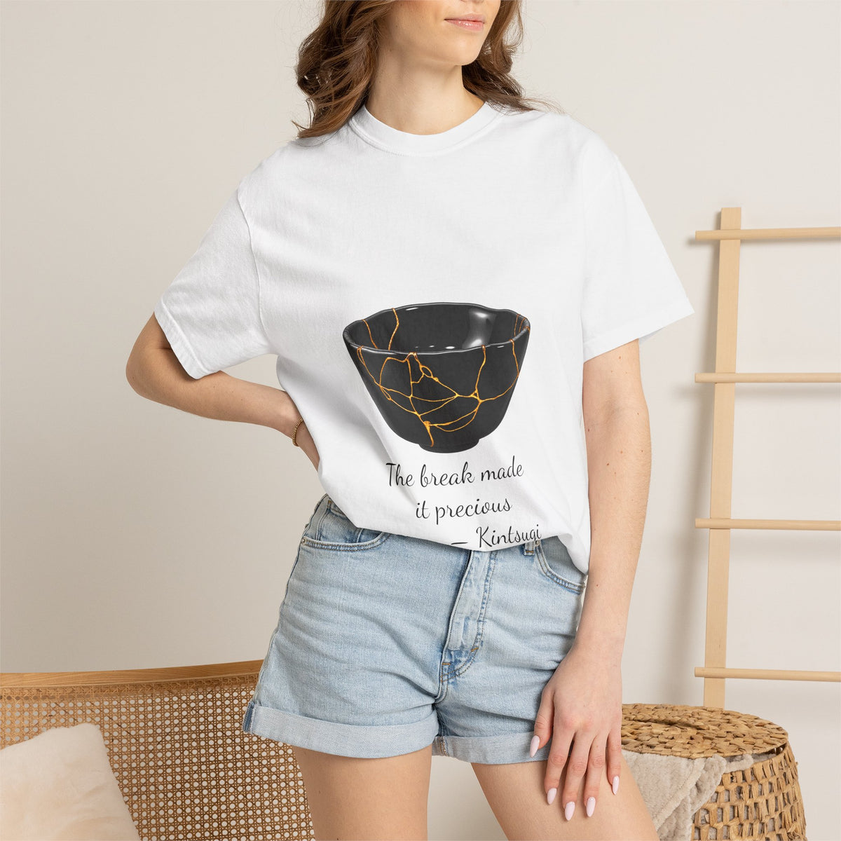 Kintsugi 'The break made it precious' T-shirt in White on a model, front view