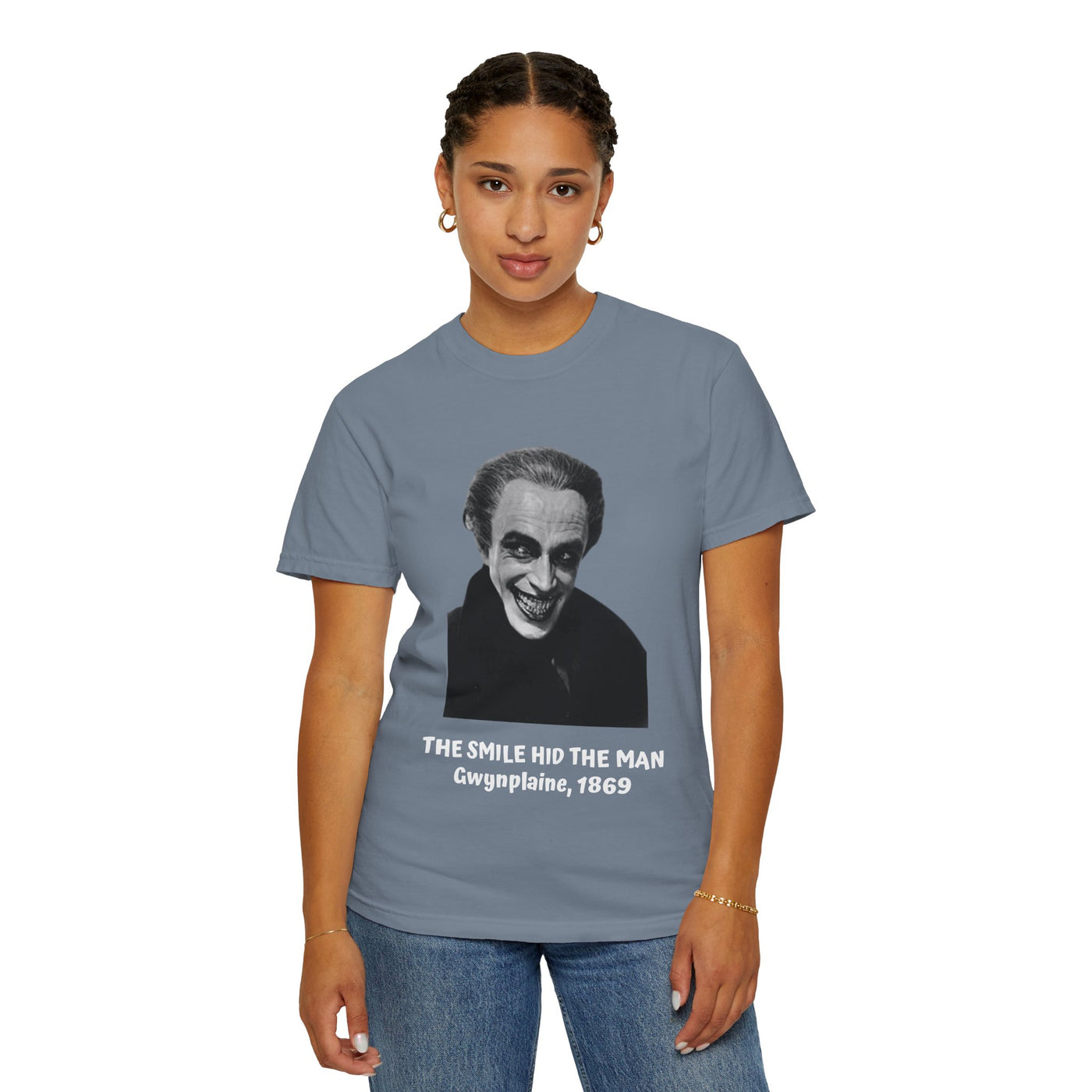 The Man Who Laughs literary T-shirt with Gwynplaine portrait and “The Smile Hid the Man” on a garment-dyed unisex T-shirt, product view