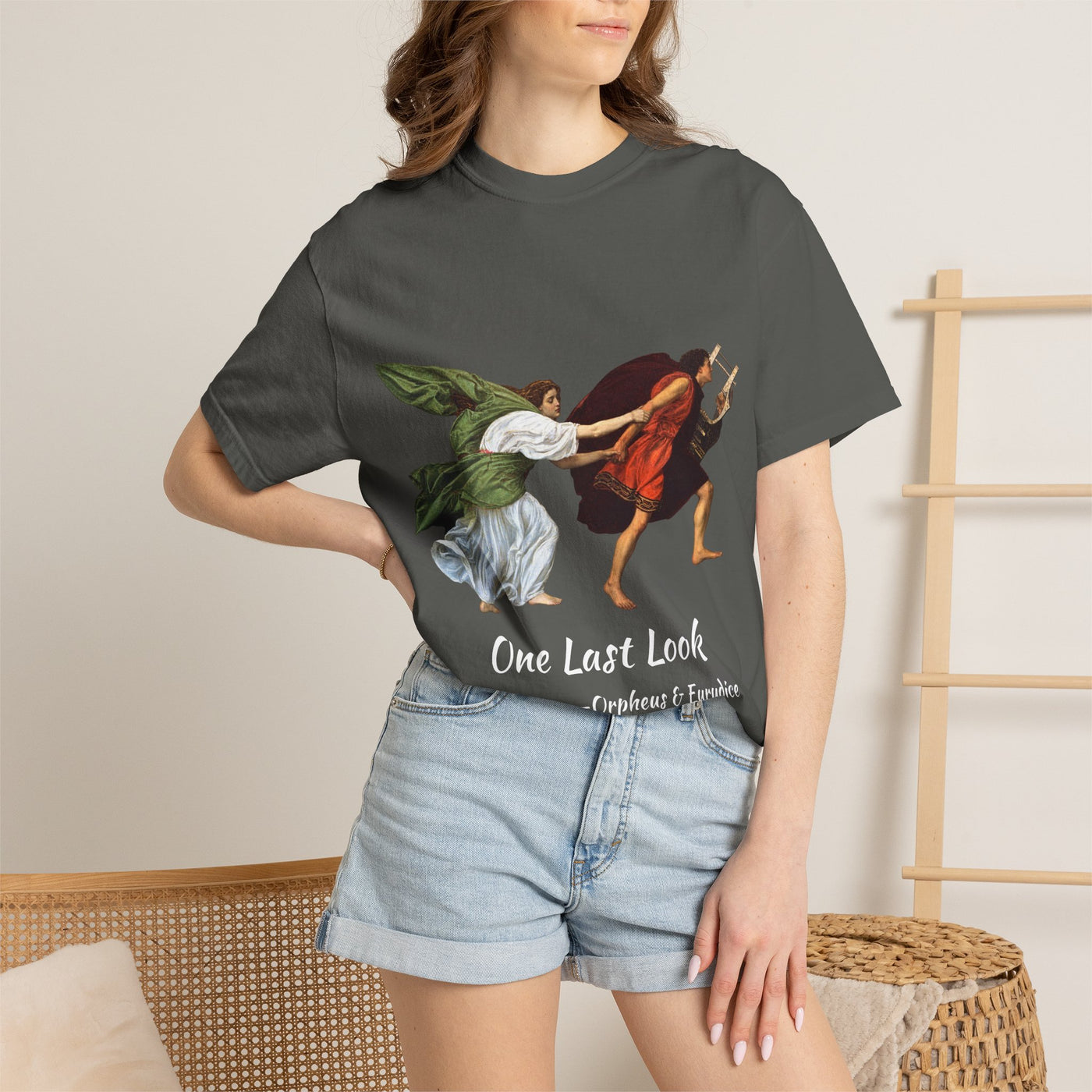 Orpheus and Eurydice mythology T-shirt with “One Last Look” classical illustration on a garment-dyed unisex T-shirt, product view