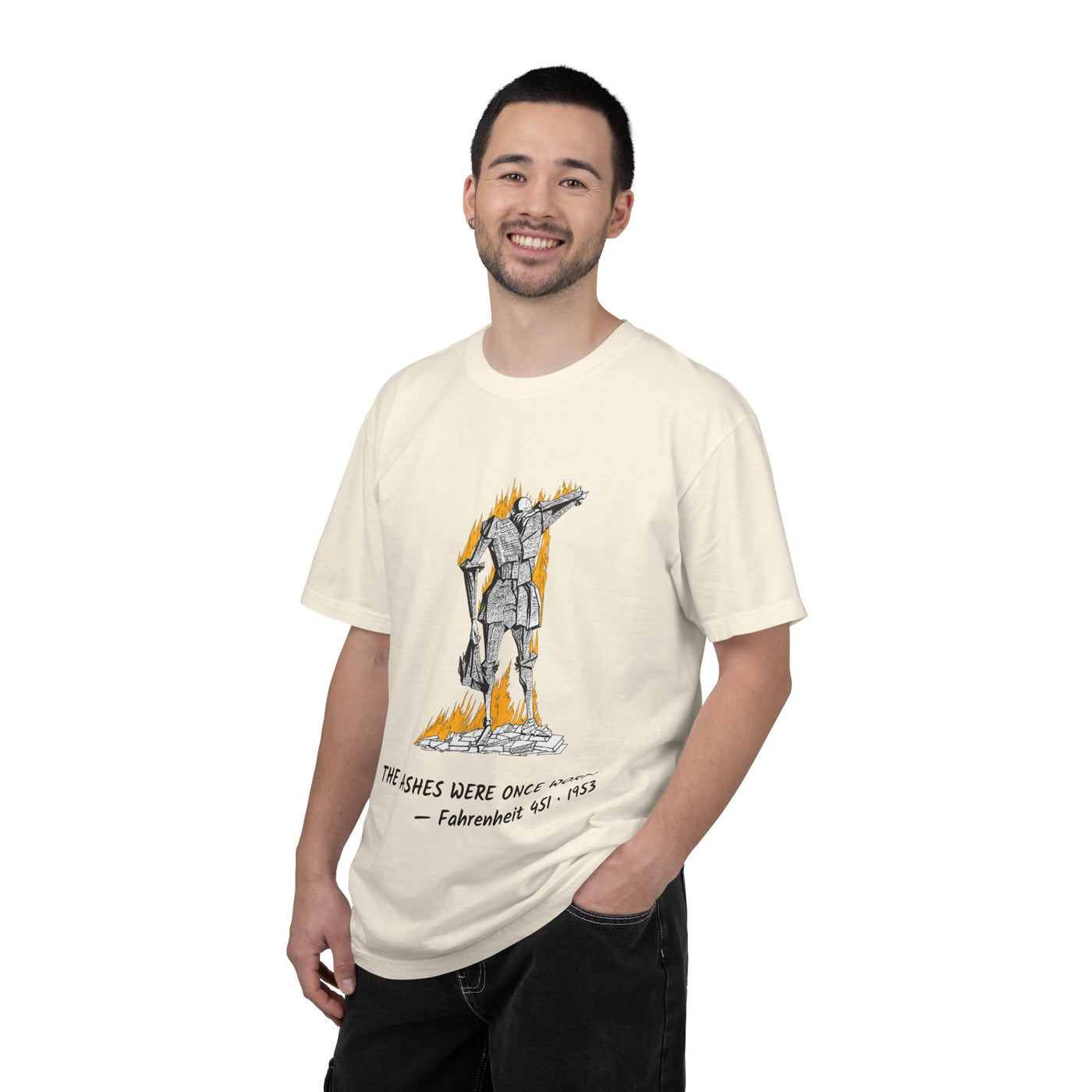 Fahrenheit 451 literary T-shirt with burning pages and “The Ashes Were Once Words” design on a garment-dyed unisex T-shirt, product view
