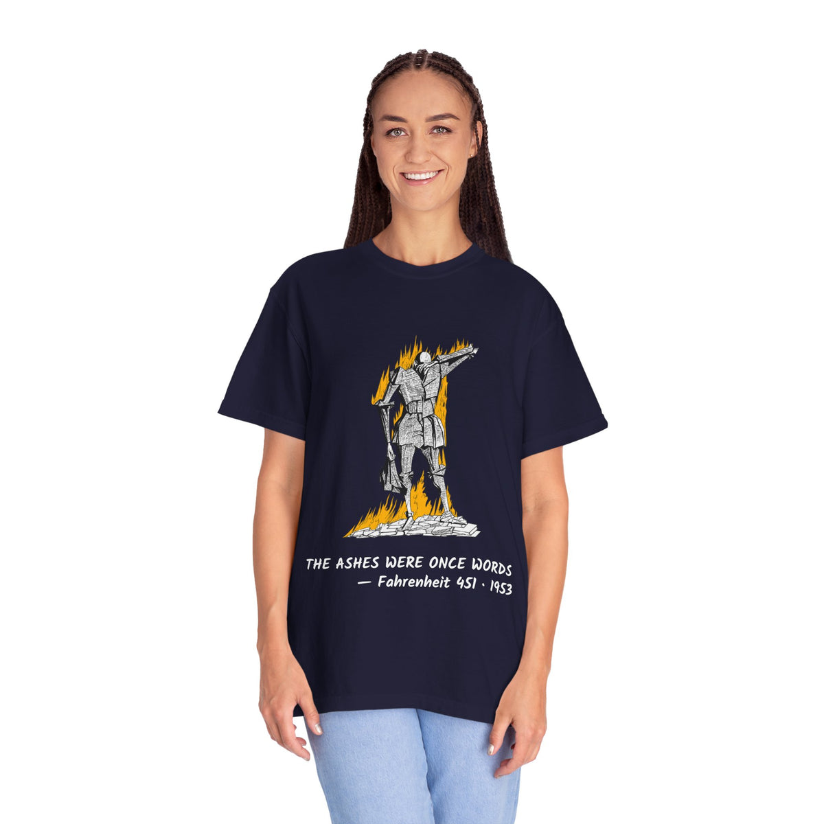 Fahrenheit 451 literary T-shirt with burning pages and “The Ashes Were Once Words” design on a garment-dyed unisex T-shirt, product view
