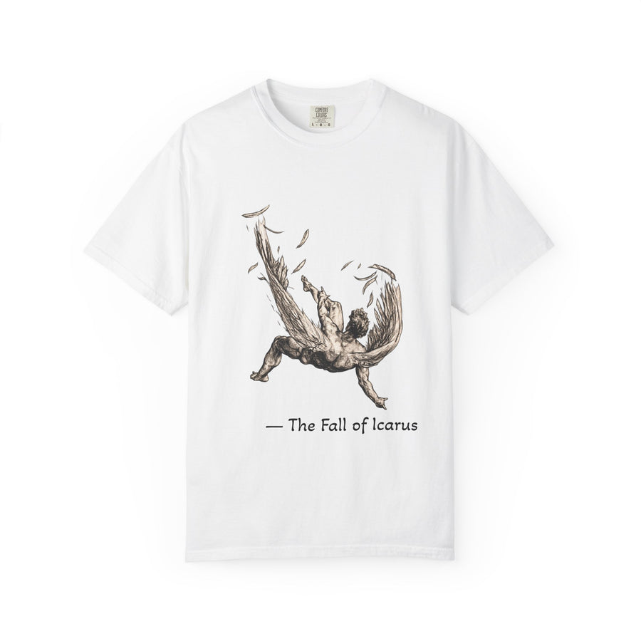 Fall of Icarus Greek mythology T-shirt with a falling winged figure on a garment-dyed unisex T-shirt, product view