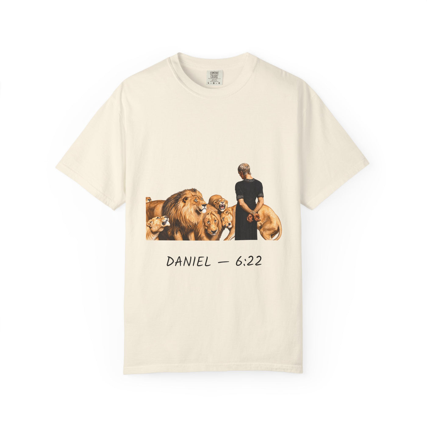 Daniel 6:22 Christian T-shirt showing Daniel standing peacefully among lions on a garment-dyed unisex T-shirt, product view