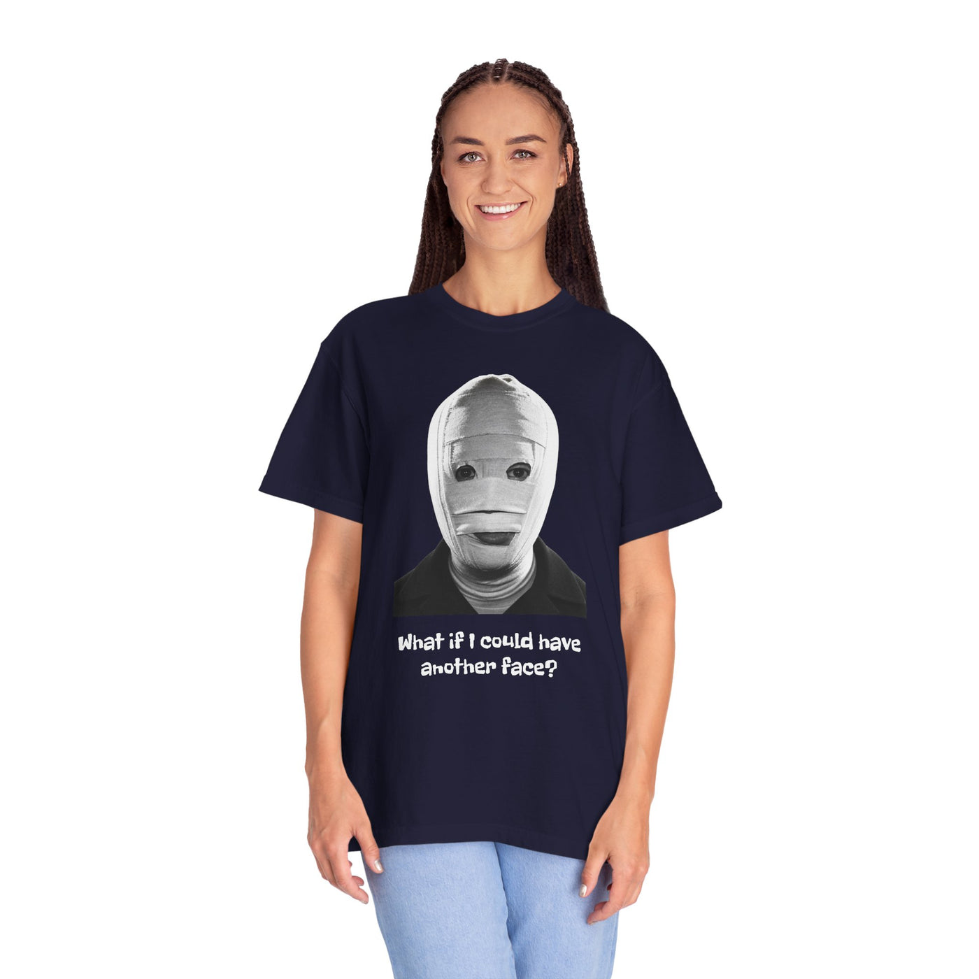 The Face of Another literary T-shirt with a bandaged mask and existential question on a garment-dyed unisex T-shirt, product view