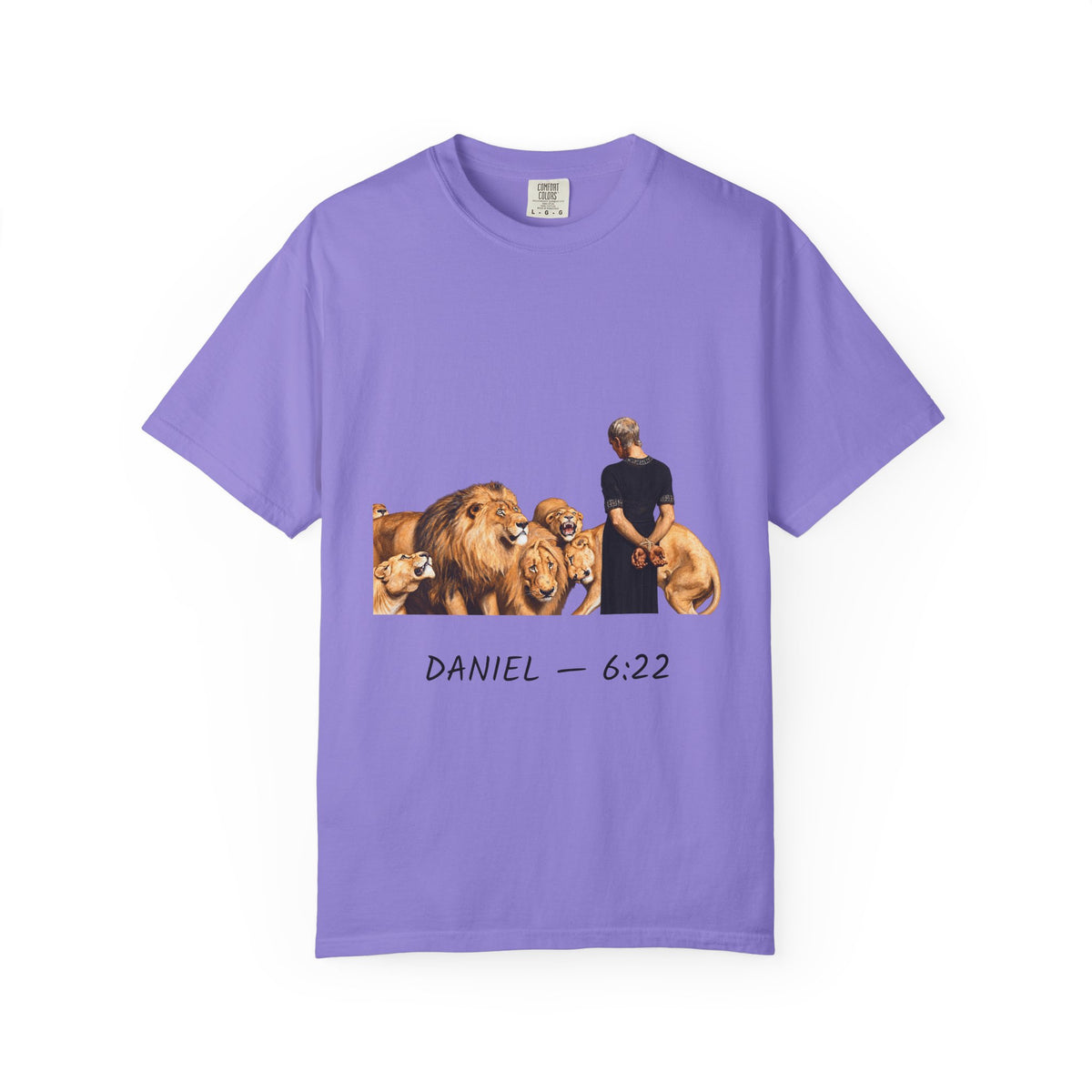 Daniel 6:22 lions' den Christian T-shirt in Violet, garment-dyed unisex tee