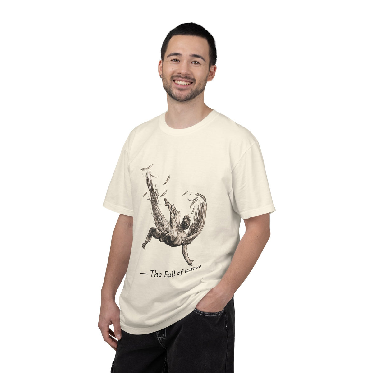 Fall of Icarus Greek mythology T-shirt with a falling winged figure on a garment-dyed unisex T-shirt, product view