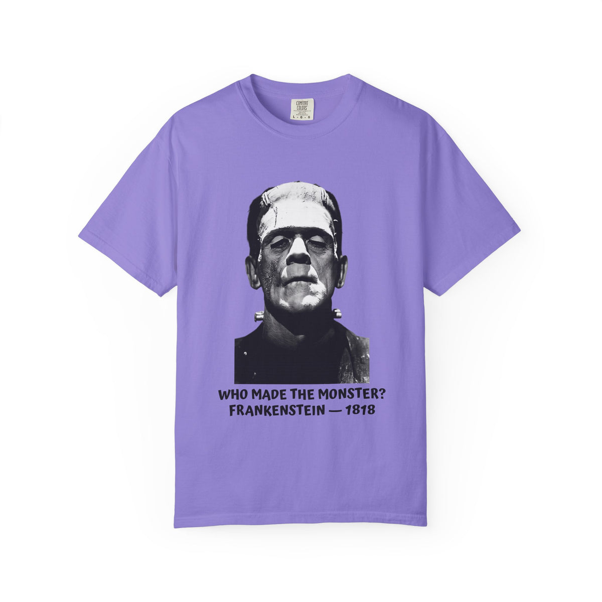 Frankenstein 'Who Made the Monster?' T-shirt in Violet, garment-dyed unisex tee