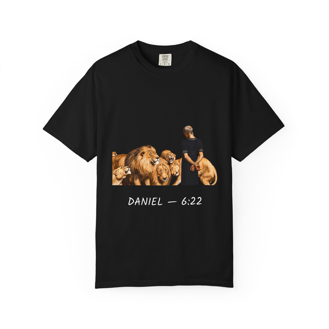 Daniel 6:22 Christian T-shirt showing Daniel standing peacefully among lions on a garment-dyed unisex T-shirt, product view