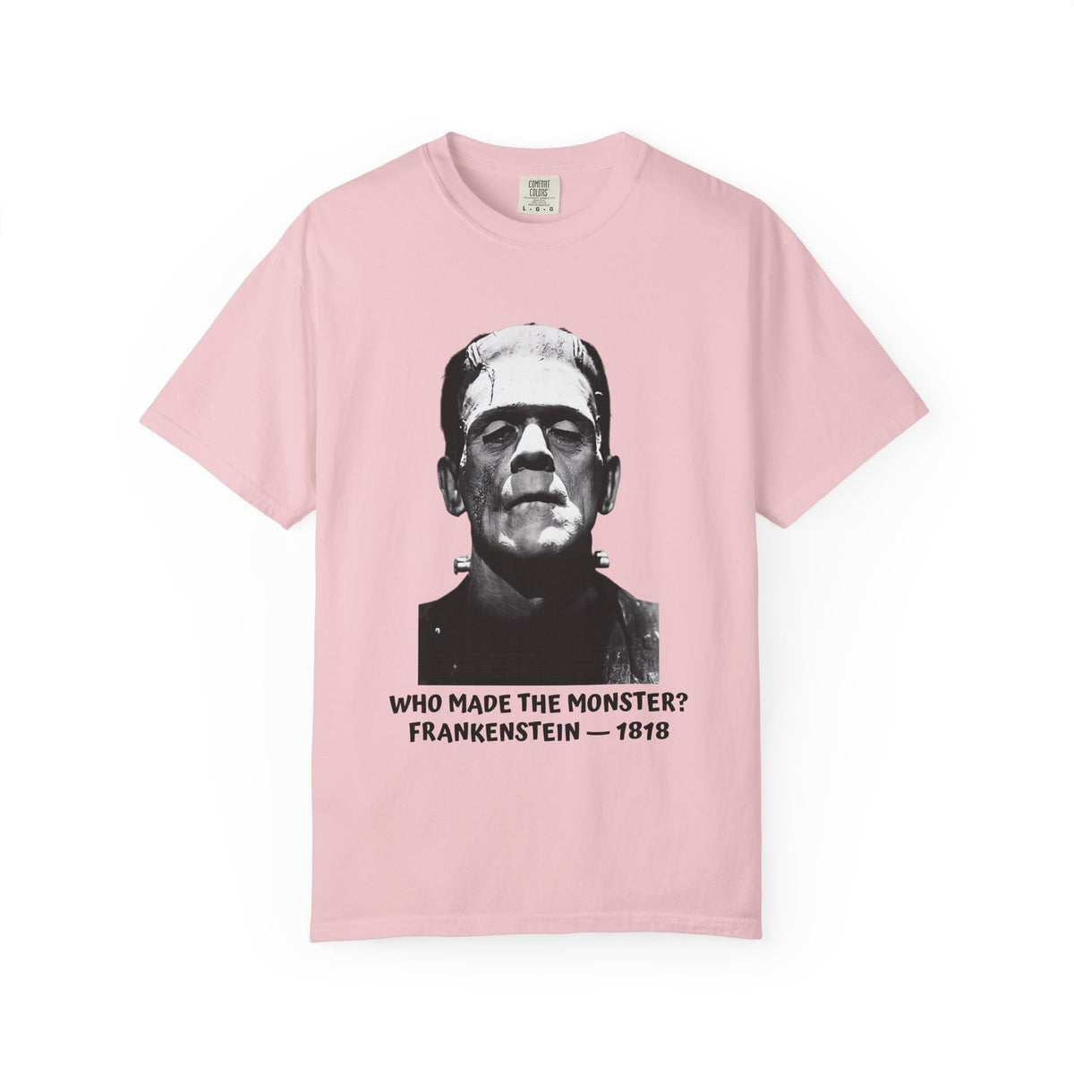 Frankenstein literary T-shirt with a vintage monster portrait and “Who Made the Monster?” on a garment-dyed unisex T-shirt, product view