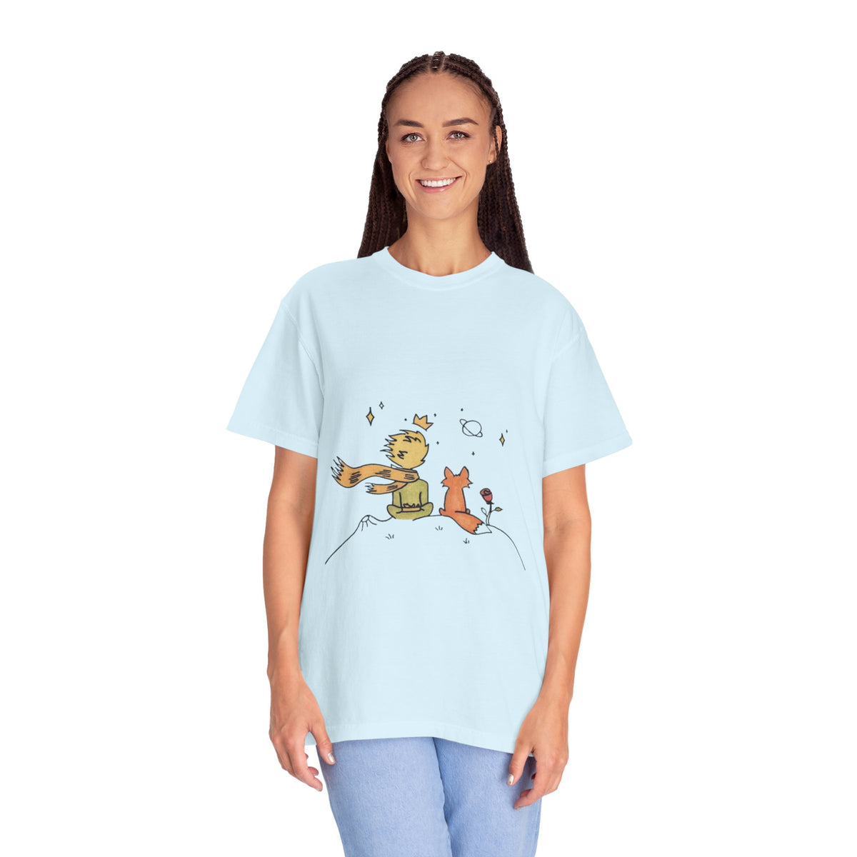 The Little Prince and the Fox T-shirt in Chambray blue on a model