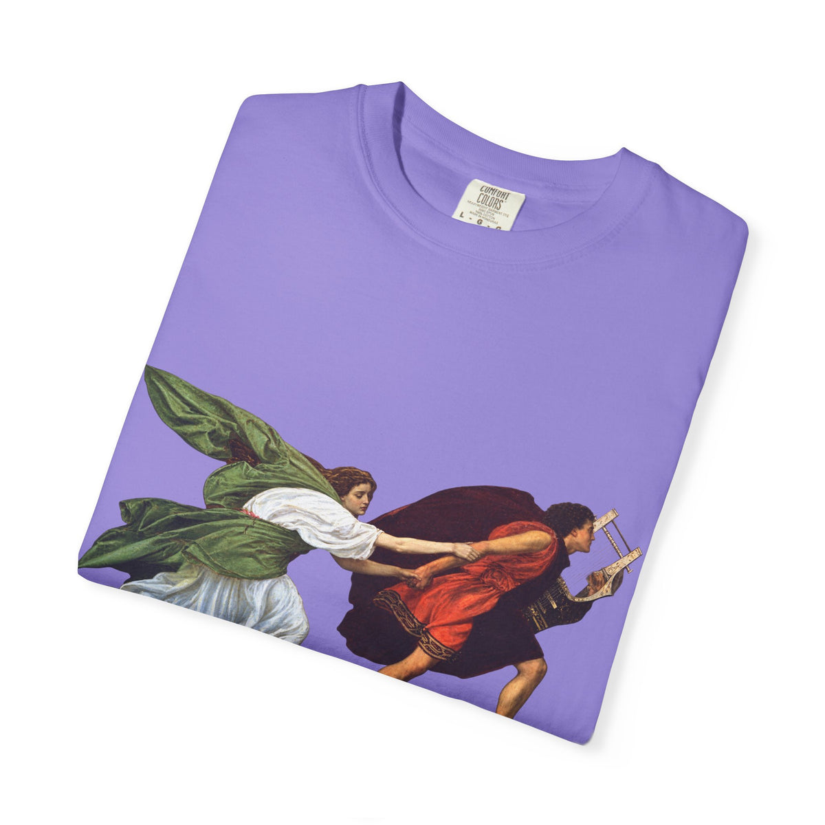 Orpheus and Eurydice mythology T-shirt with “One Last Look” classical illustration on a garment-dyed unisex T-shirt, product view