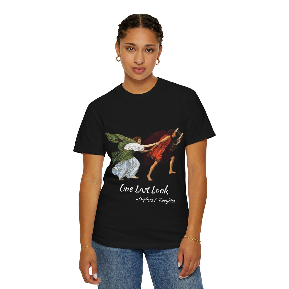 Orpheus and Eurydice mythology T-shirt with “One Last Look” classical illustration on a garment-dyed unisex T-shirt, product view