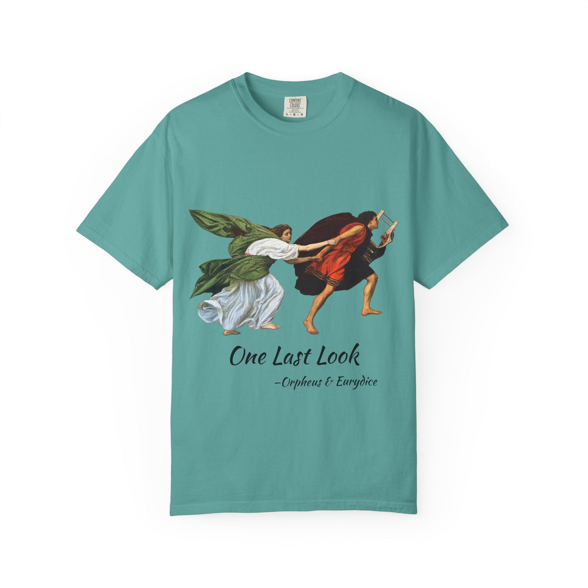 Orpheus and Eurydice mythology T-shirt with “One Last Look” classical illustration on a garment-dyed unisex T-shirt, product view