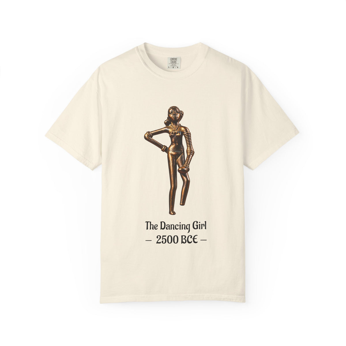 Dancing Girl of Mohenjo-daro T-shirt with the Indus Valley bronze figure and 2500 BCE design on a garment-dyed unisex T-shirt, product view