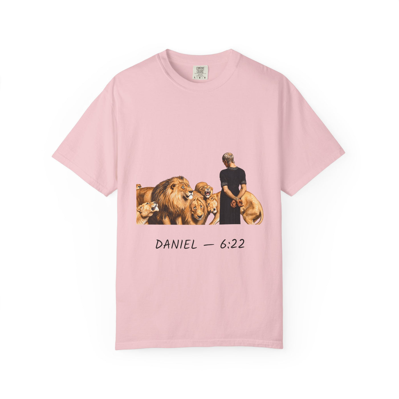 Daniel 6:22 Christian T-shirt showing Daniel standing peacefully among lions on a garment-dyed unisex T-shirt, product view