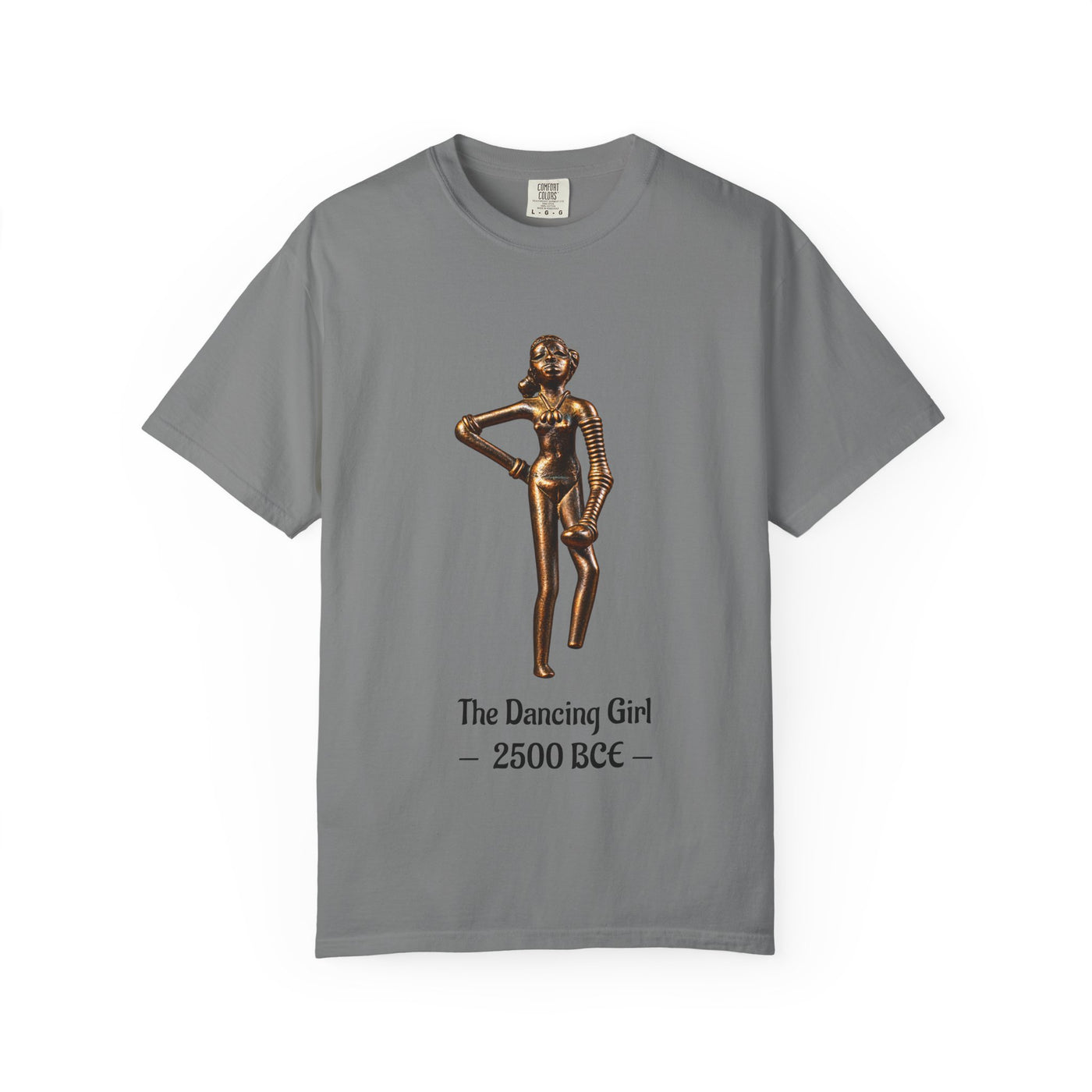 Dancing Girl of Mohenjo-daro T-shirt with the Indus Valley bronze figure and 2500 BCE design on a garment-dyed unisex T-shirt, product view
