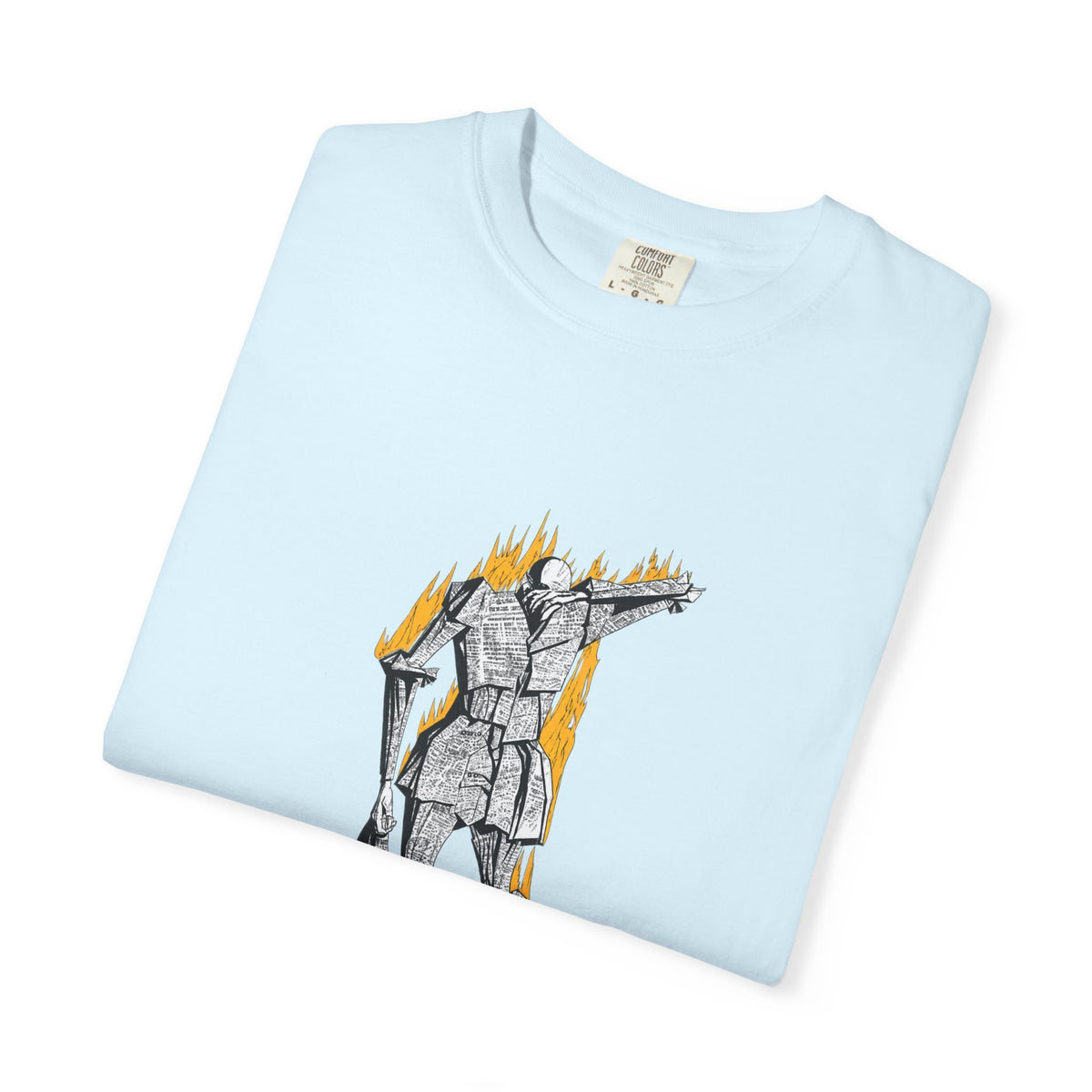 Fahrenheit 451 literary T-shirt with burning pages and “The Ashes Were Once Words” design on a garment-dyed unisex T-shirt, product view