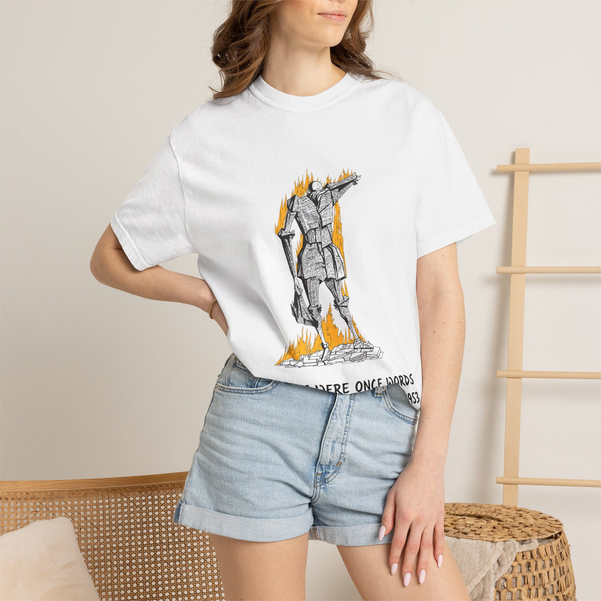 Fahrenheit 451 literary T-shirt with burning pages and “The Ashes Were Once Words” design on a garment-dyed unisex T-shirt, product view