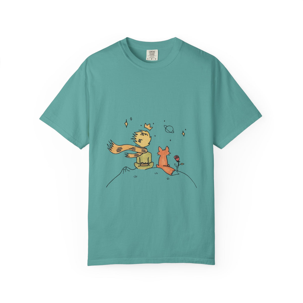 The Little Prince and the Fox T-shirt in Seafoam, garment-dyed unisex tee
