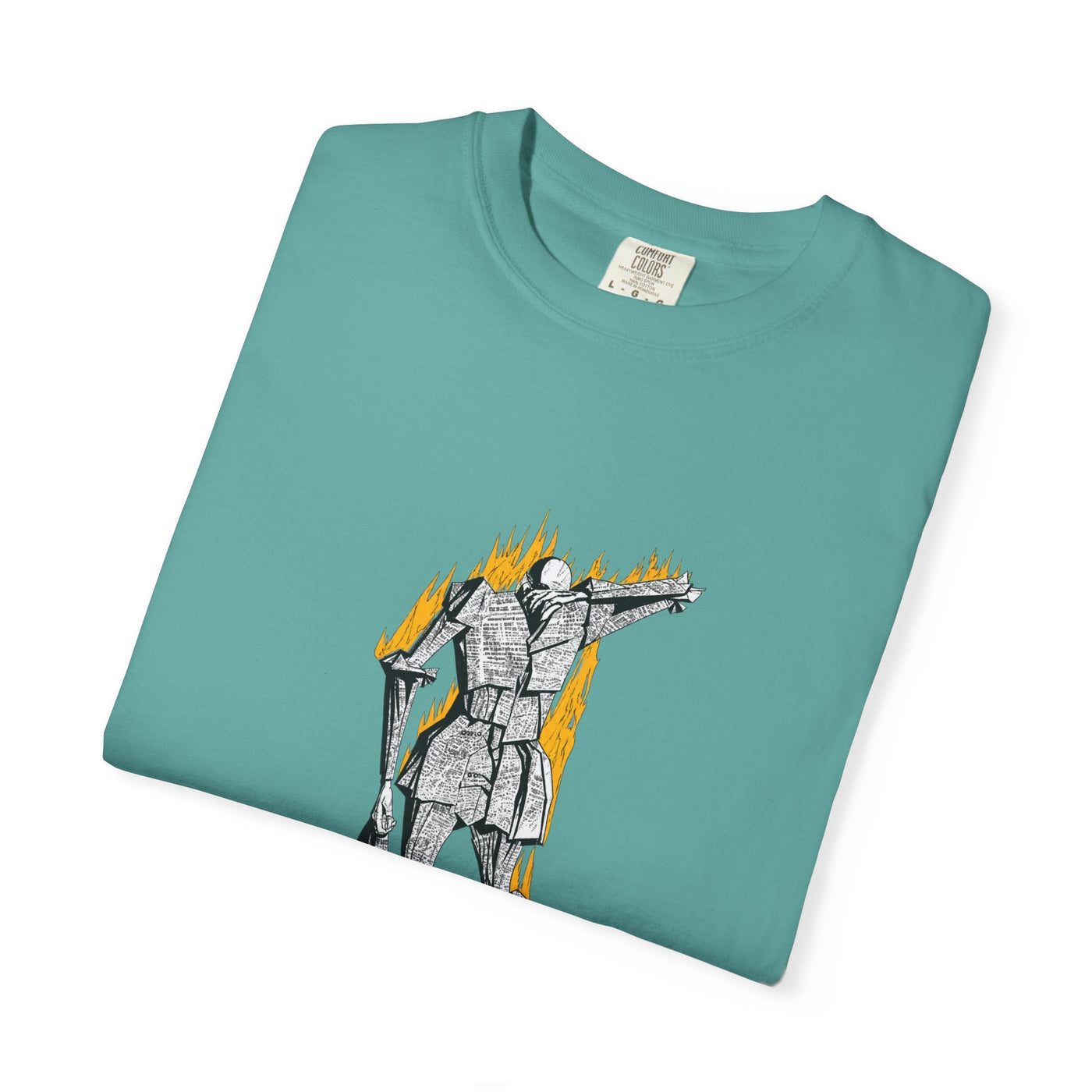 Fahrenheit 451 literary T-shirt with burning pages and “The Ashes Were Once Words” design on a garment-dyed unisex T-shirt, product view
