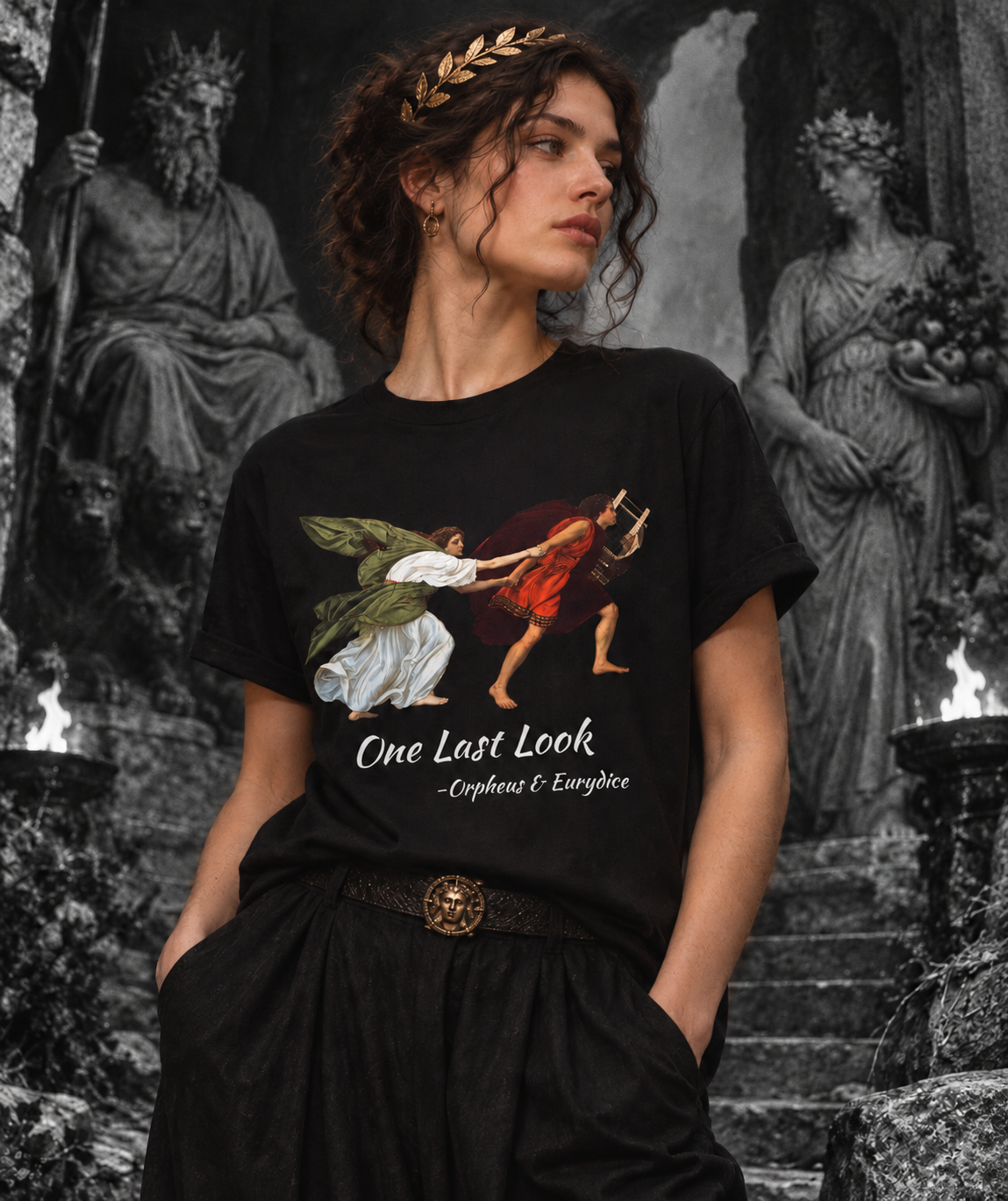 Orpheus and Eurydice mythology T-shirt with “One Last Look” classical illustration on a garment-dyed unisex T-shirt, product view