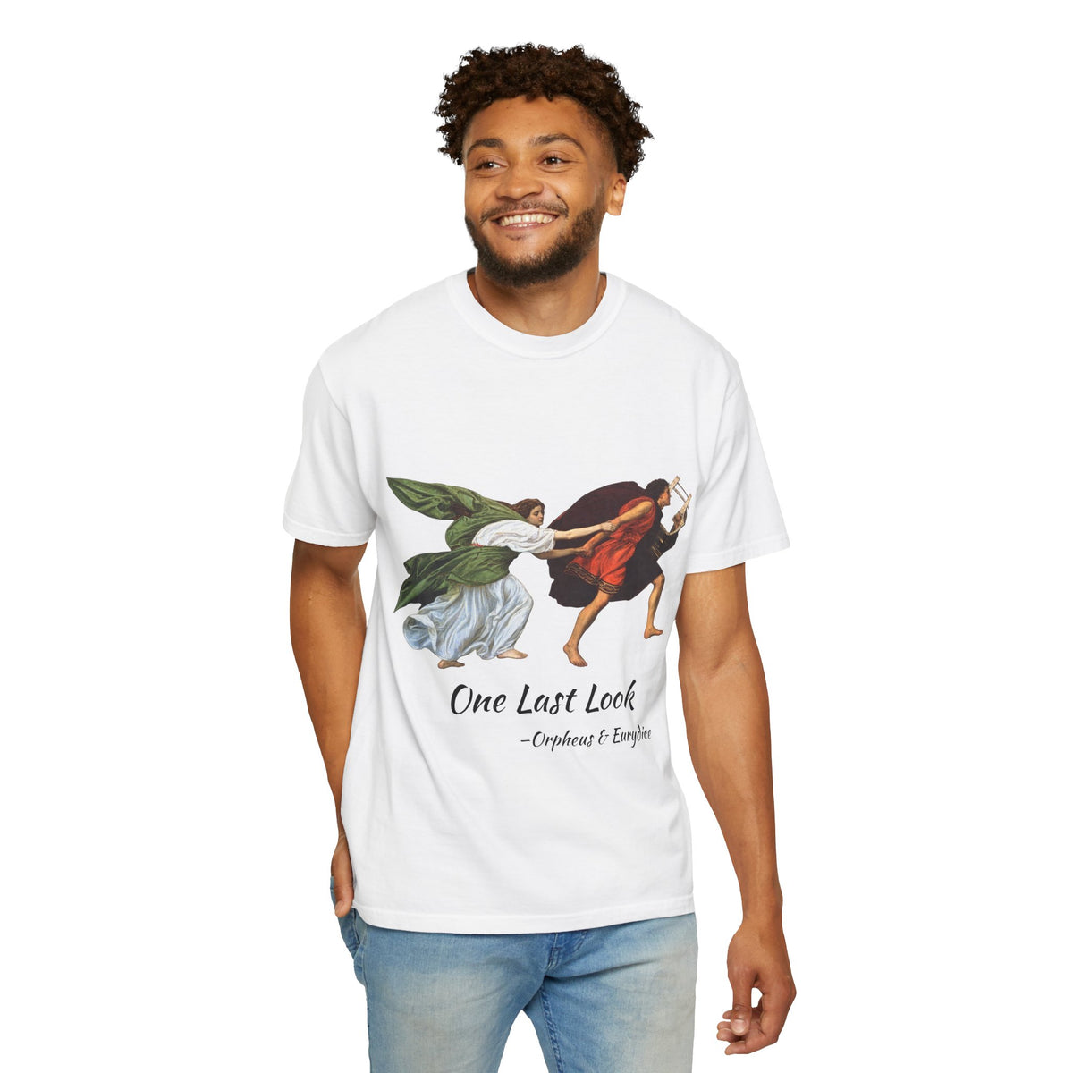 Orpheus and Eurydice mythology T-shirt with “One Last Look” classical illustration on a garment-dyed unisex T-shirt, product view