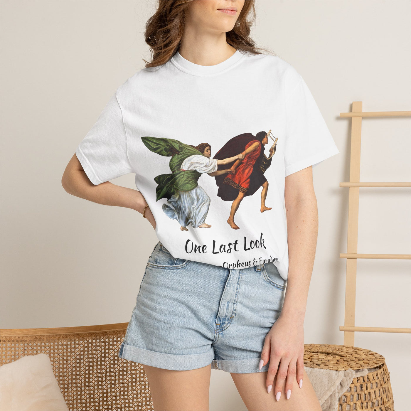 Orpheus and Eurydice mythology T-shirt with “One Last Look” classical illustration on a garment-dyed unisex T-shirt, product view