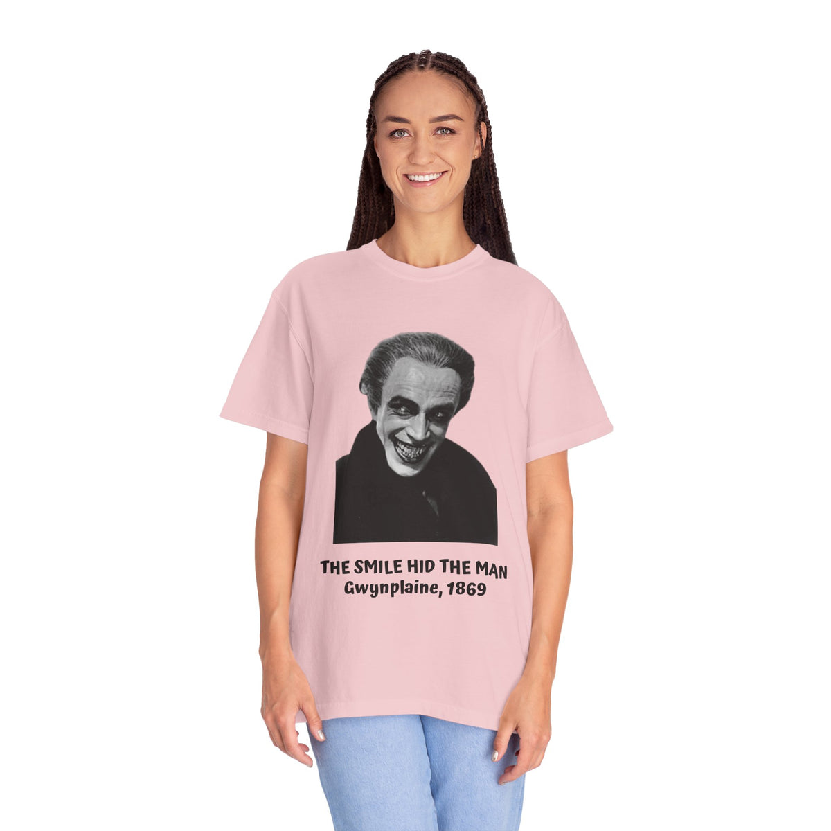 The Man Who Laughs literary T-shirt with Gwynplaine portrait and “The Smile Hid the Man” on a garment-dyed unisex T-shirt, product view