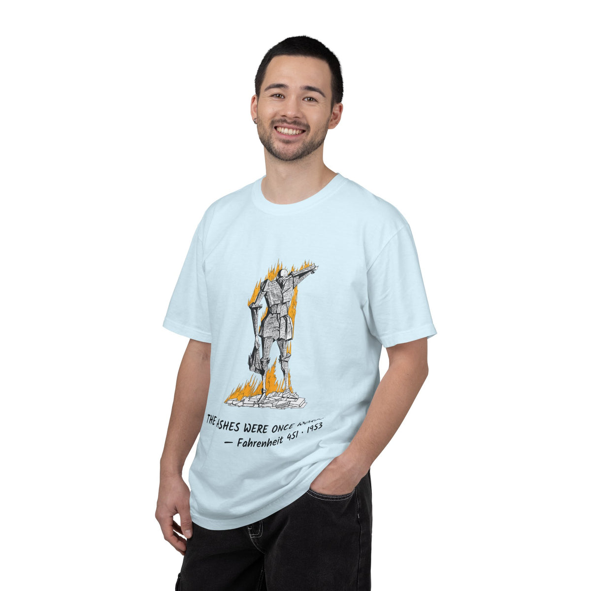 Fahrenheit 451 literary T-shirt with burning pages and “The Ashes Were Once Words” design on a garment-dyed unisex T-shirt, product view