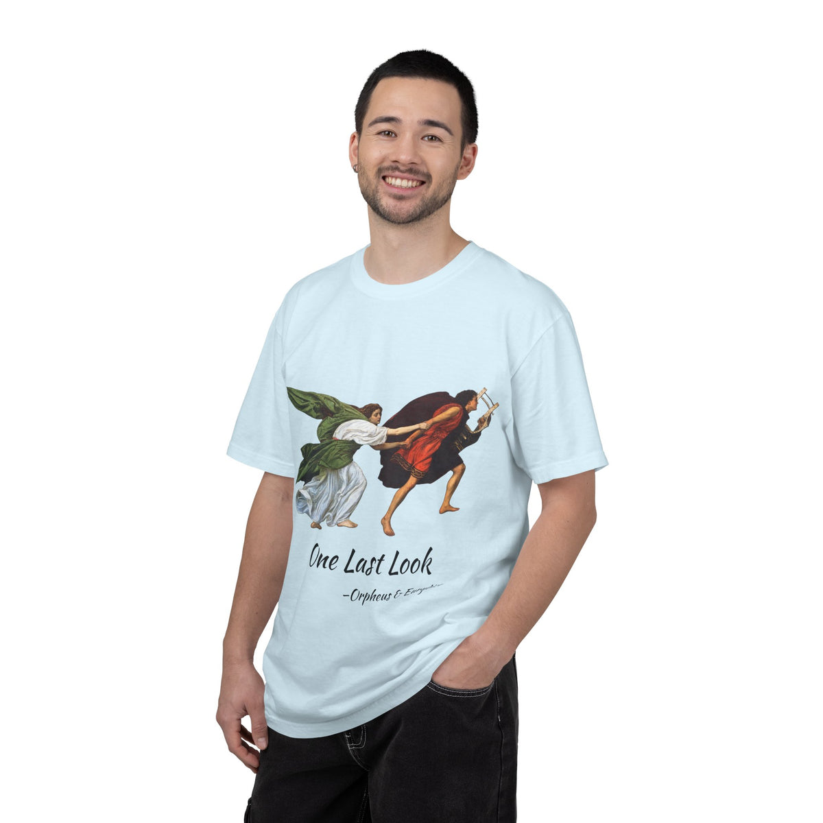 Orpheus and Eurydice mythology T-shirt with “One Last Look” classical illustration on a garment-dyed unisex T-shirt, product view