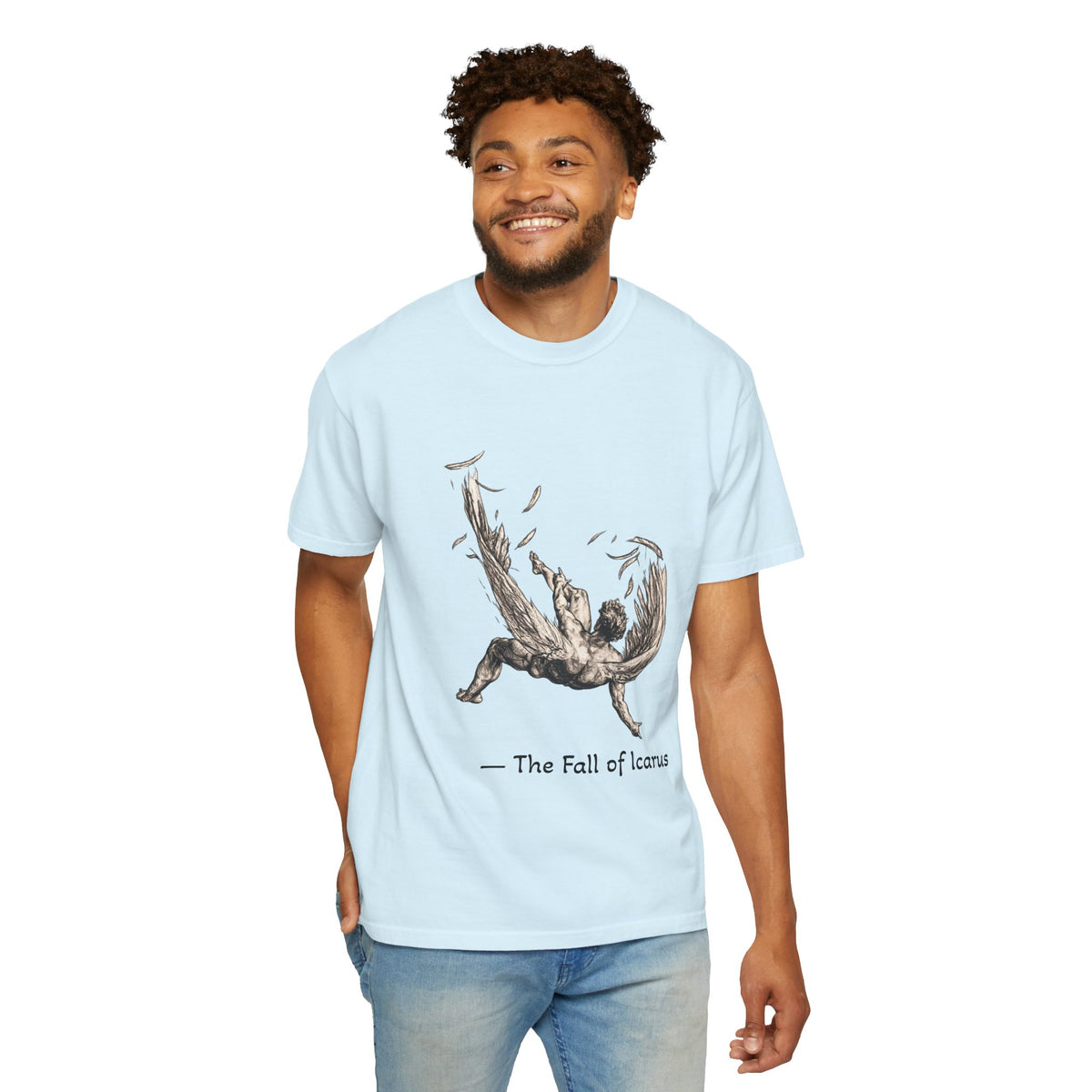 Fall of Icarus Greek mythology T-shirt with a falling winged figure on a garment-dyed unisex T-shirt, product view