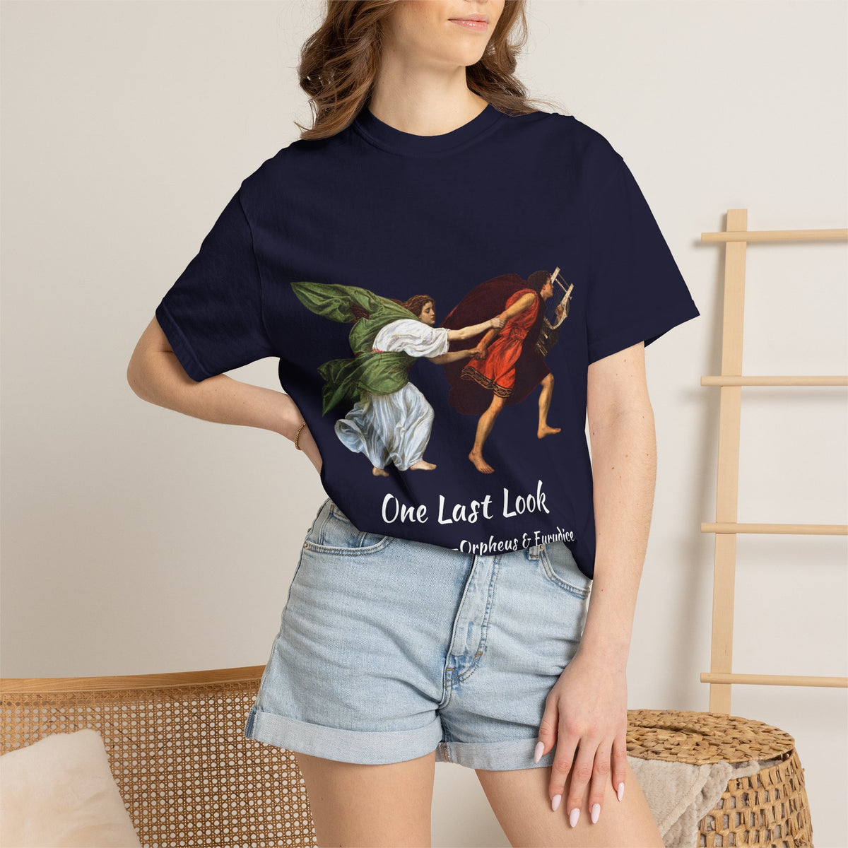 Orpheus and Eurydice mythology T-shirt with “One Last Look” classical illustration on a garment-dyed unisex T-shirt, product view