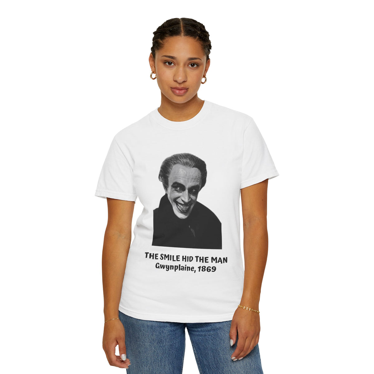 The Man Who Laughs literary T-shirt with Gwynplaine portrait and “The Smile Hid the Man” on a garment-dyed unisex T-shirt, product view