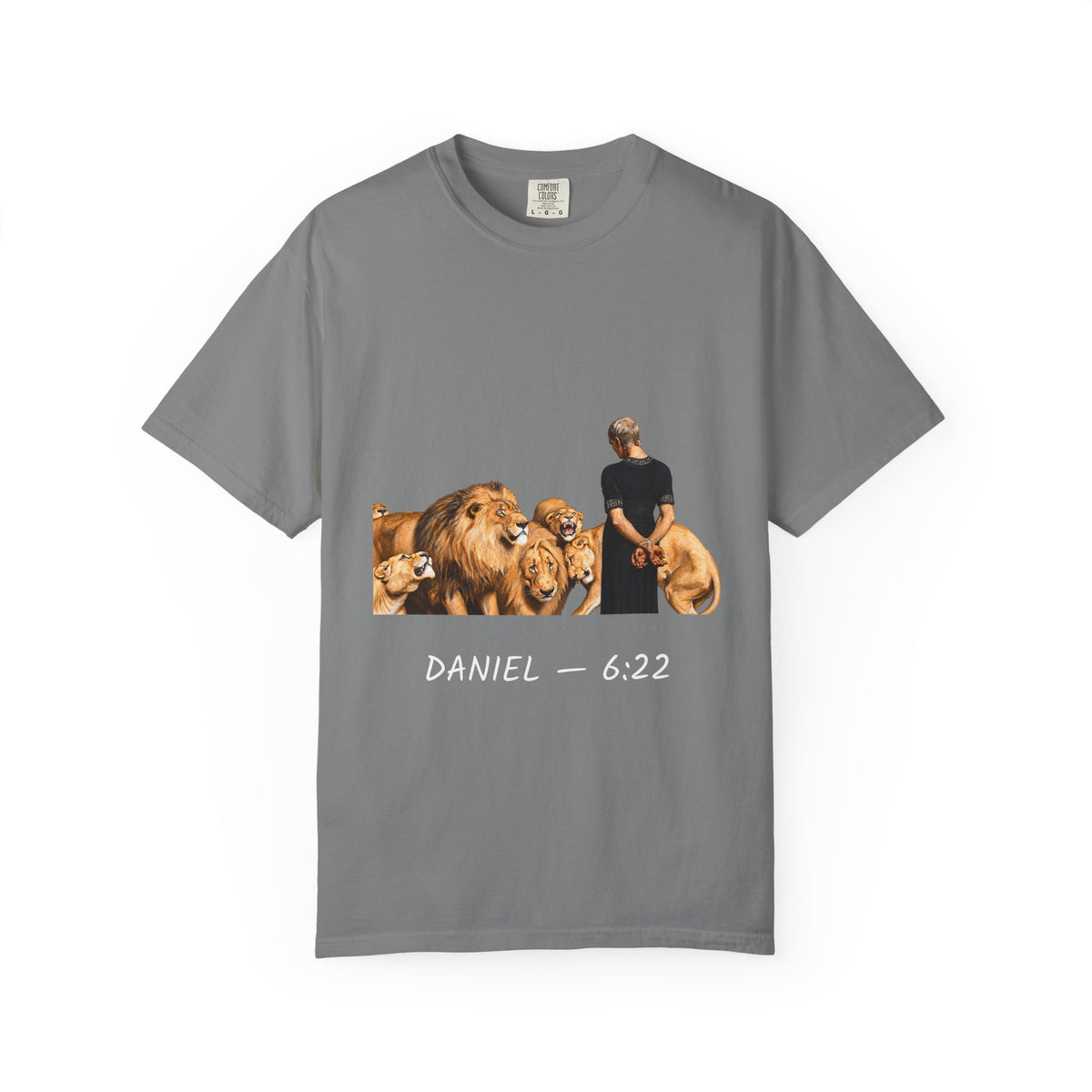 Daniel 6:22 Christian T-shirt showing Daniel standing peacefully among lions on a garment-dyed unisex T-shirt, product view
