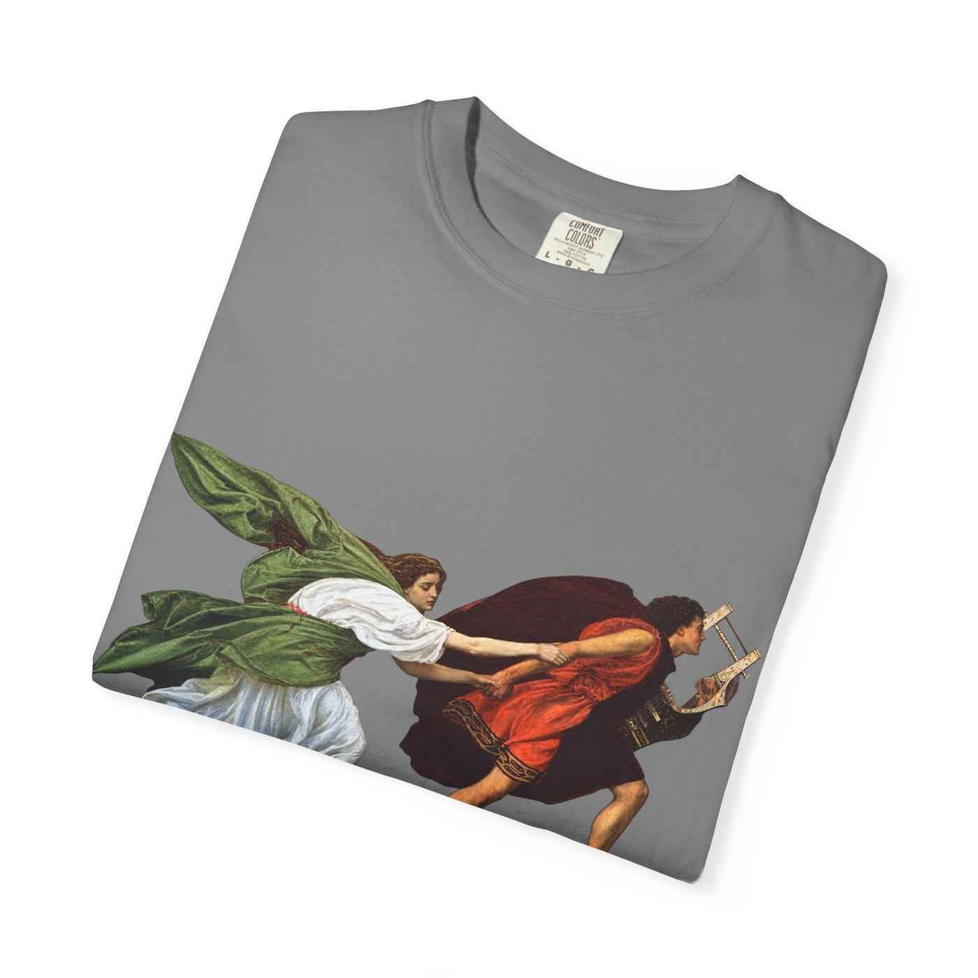 Orpheus and Eurydice mythology T-shirt with “One Last Look” classical illustration on a garment-dyed unisex T-shirt, product view