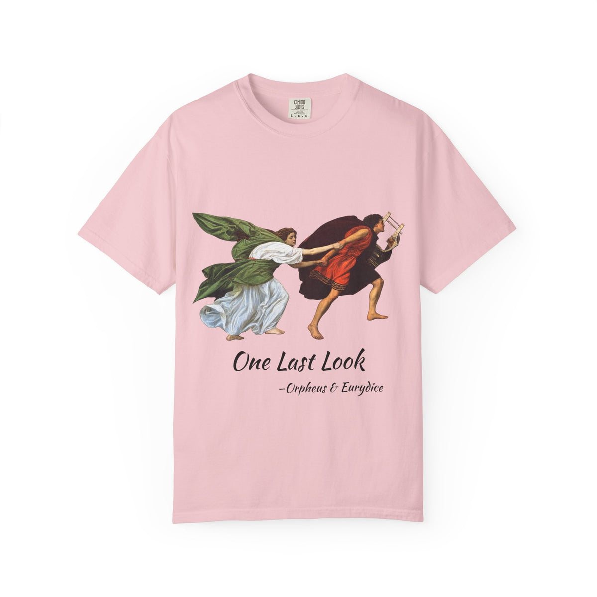 Orpheus and Eurydice mythology T-shirt with “One Last Look” classical illustration on a garment-dyed unisex T-shirt, product view