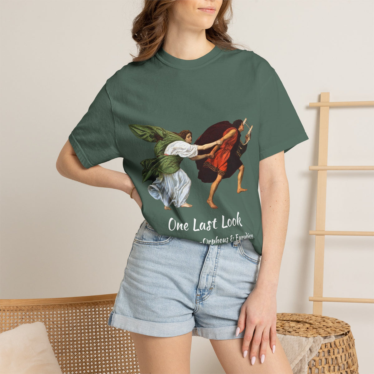 Orpheus and Eurydice mythology T-shirt with “One Last Look” classical illustration on a garment-dyed unisex T-shirt, product view