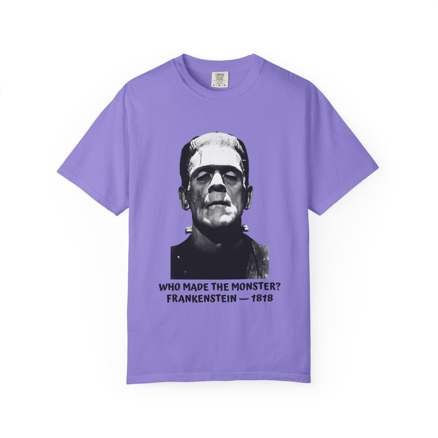 Frankenstein literary T-shirt with a vintage monster portrait and “Who Made the Monster?” on a garment-dyed unisex T-shirt, product view