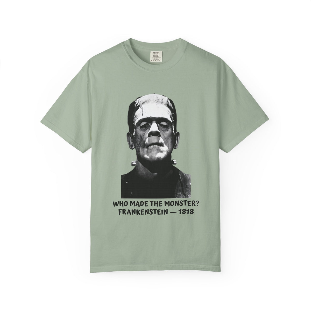 Frankenstein literary T-shirt with a vintage monster portrait and “Who Made the Monster?” on a garment-dyed unisex T-shirt, product view