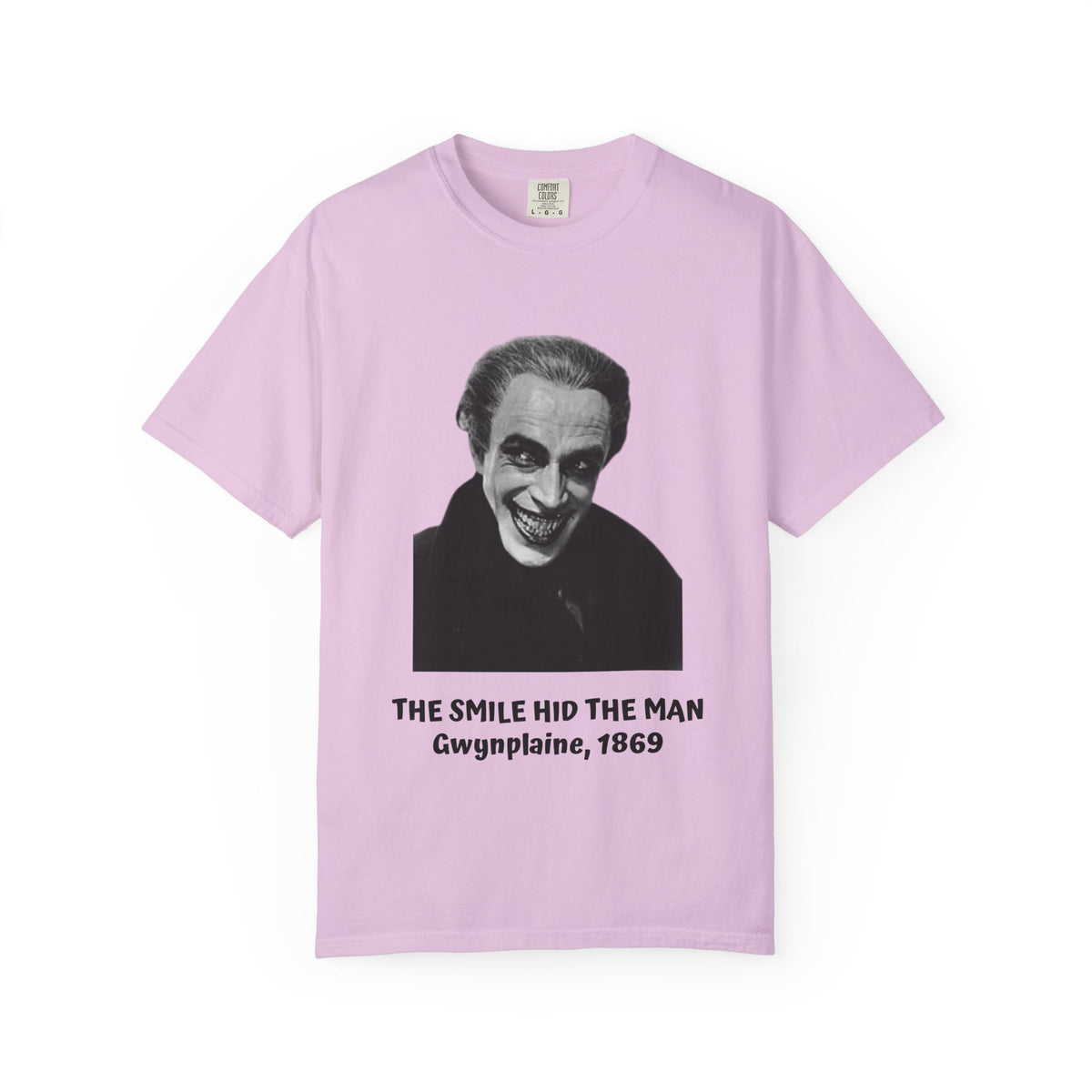 The Man Who Laughs Gwynplaine T-shirt in Orchid — 'The Smile Hid the Man' design, garment-dyed unisex tee