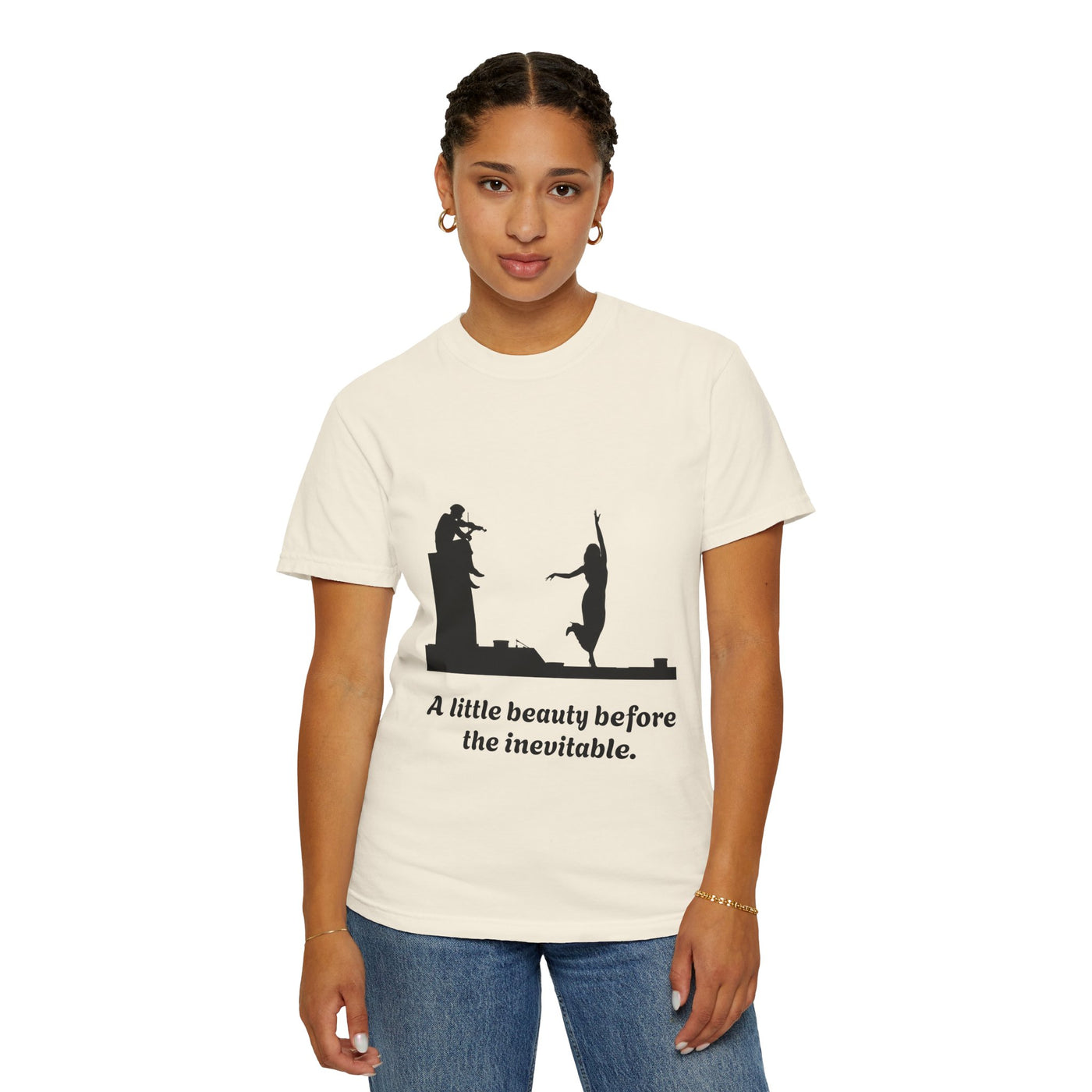 Vintage violin graphic T-shirt showing a violinist, dancing figure and “A Little Beauty Before the Inevitable” on a garment-dyed unisex T-shirt, product view
