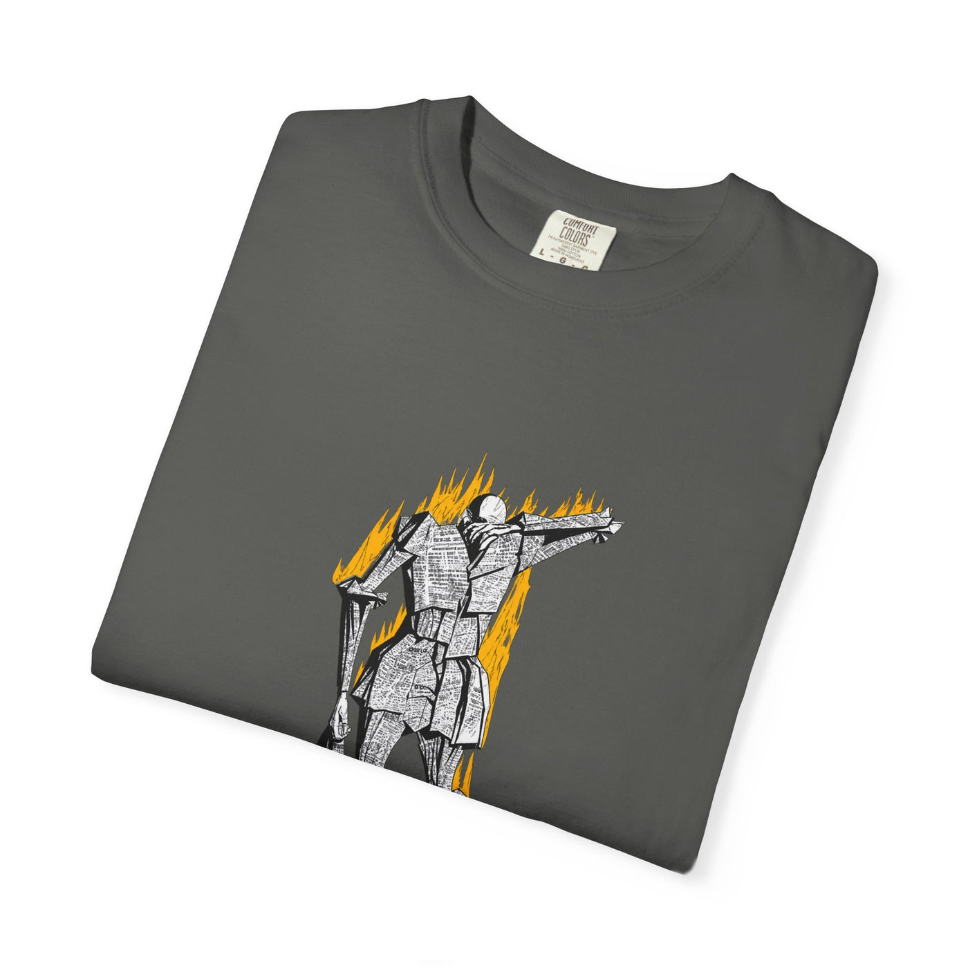Fahrenheit 451 literary T-shirt with burning pages and “The Ashes Were Once Words” design on a garment-dyed unisex T-shirt, product view