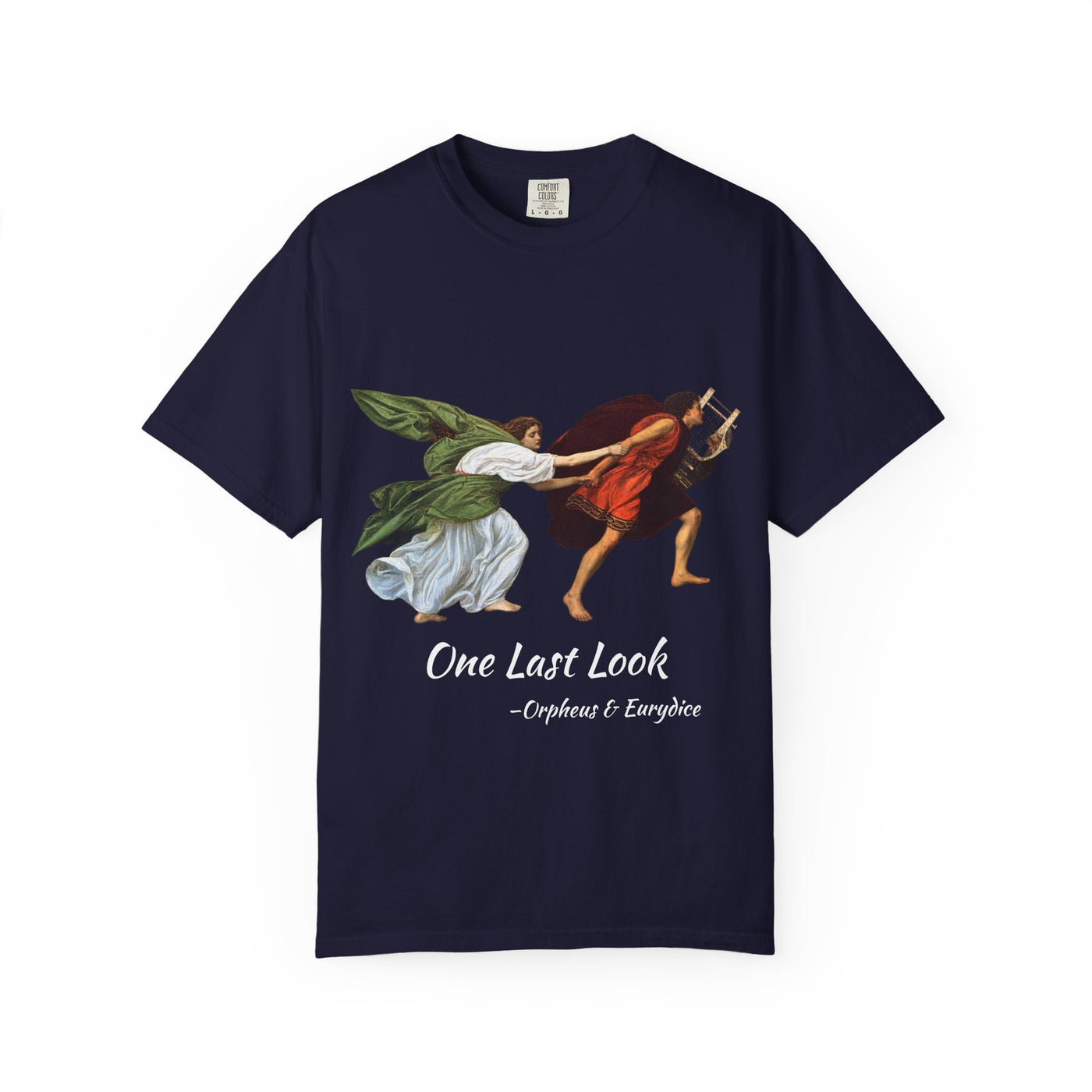 Orpheus and Eurydice mythology T-shirt with “One Last Look” classical illustration on a garment-dyed unisex T-shirt, product view