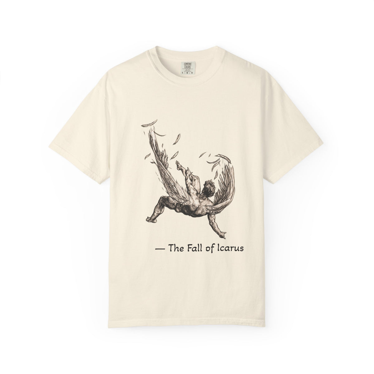 Fall of Icarus Greek mythology T-shirt in Ivory, worn on a Mediterranean street at golden hour — falling winged figure