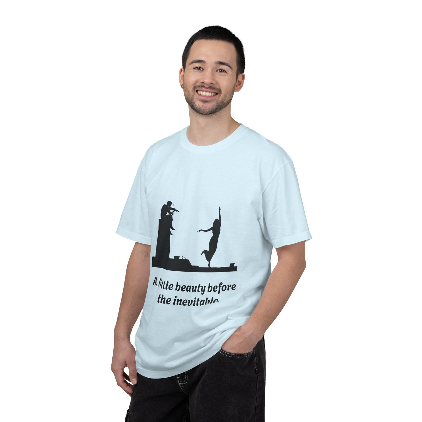 Vintage violin graphic T-shirt showing a violinist, dancing figure and “A Little Beauty Before the Inevitable” on a garment-dyed unisex T-shirt, product view