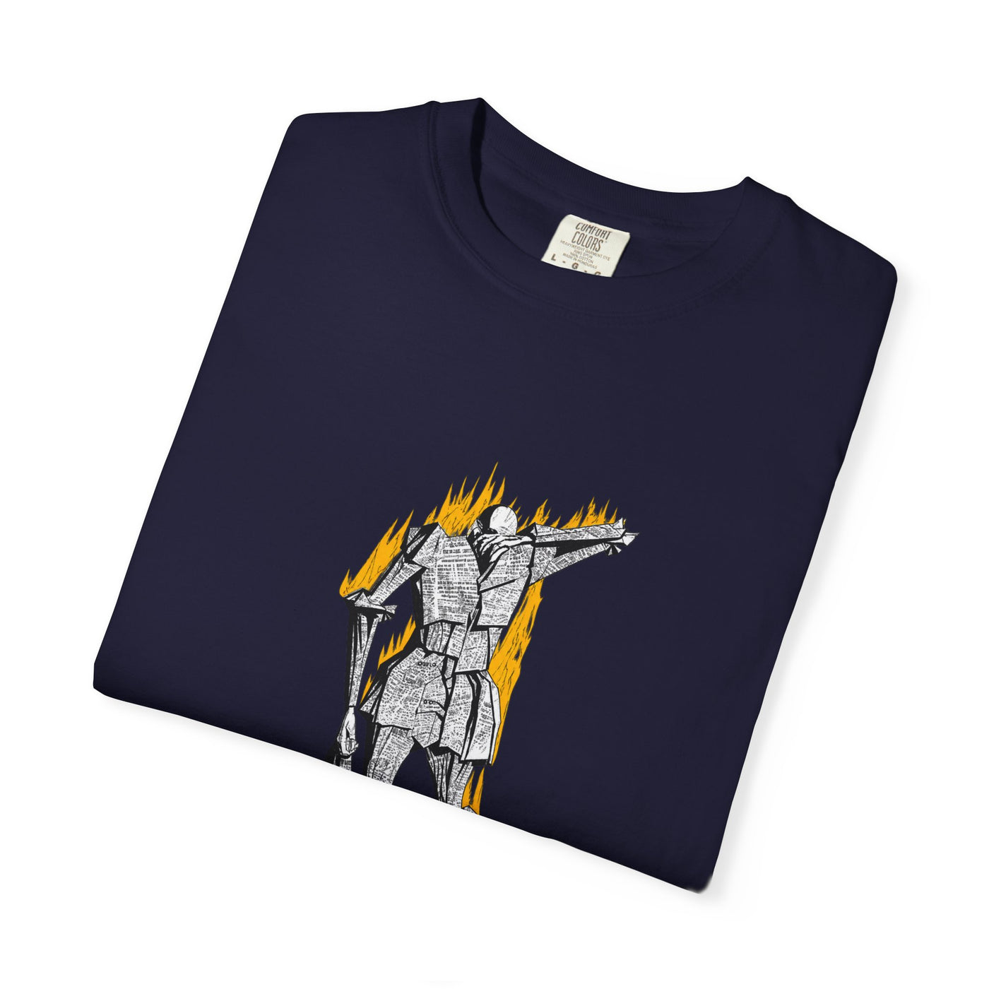 Fahrenheit 451 literary T-shirt with burning pages and “The Ashes Were Once Words” design on a garment-dyed unisex T-shirt, product view