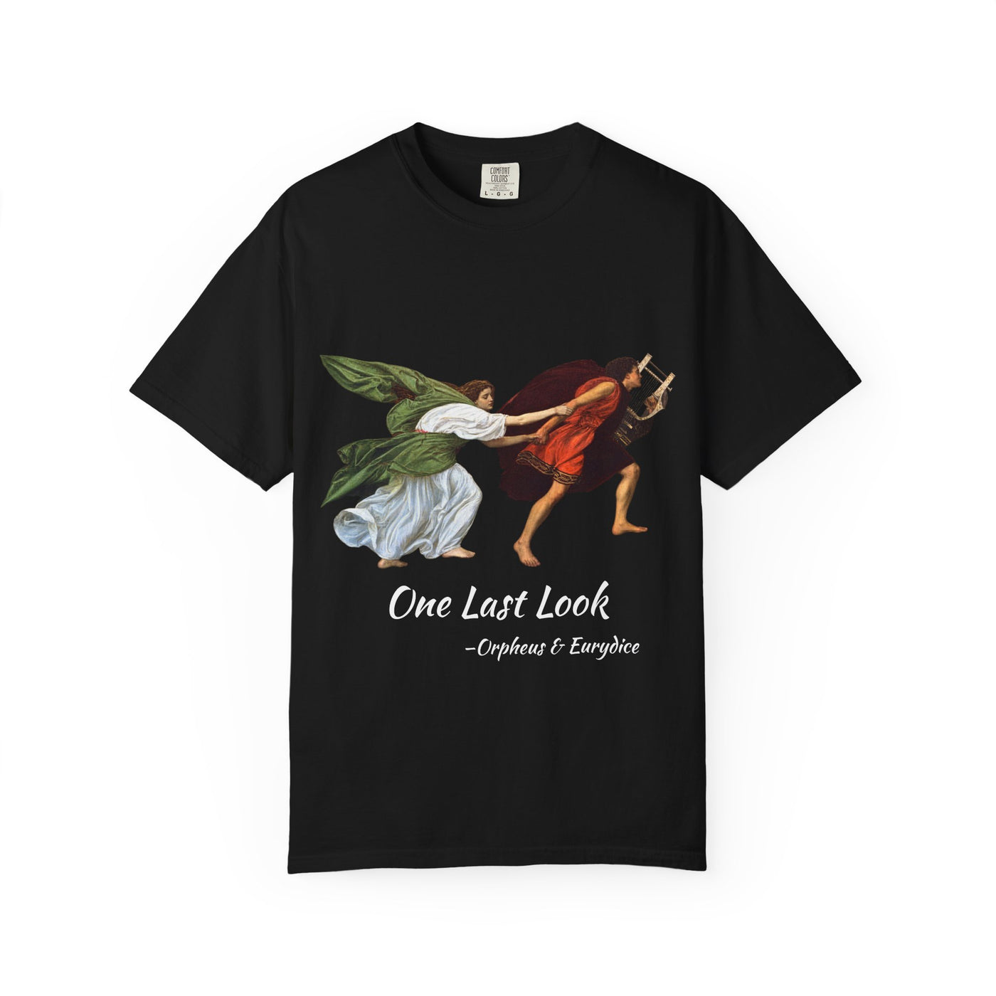 Orpheus and Eurydice mythology T-shirt with “One Last Look” classical illustration on a garment-dyed unisex T-shirt, product view