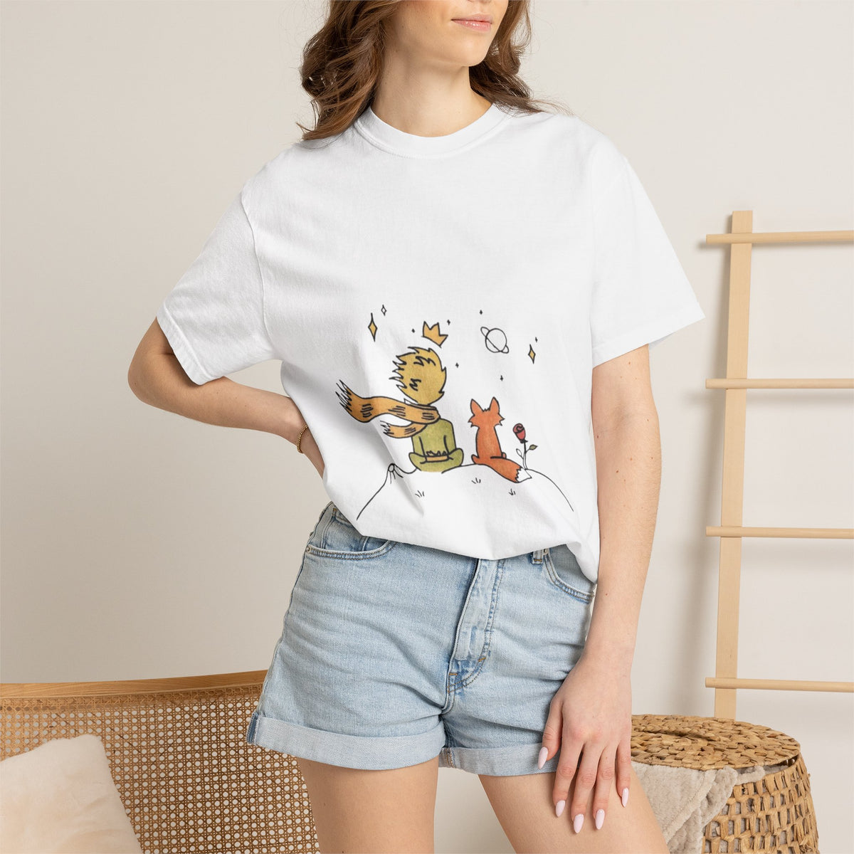 The Little Prince and the Fox T-shirt in White on a model, front view